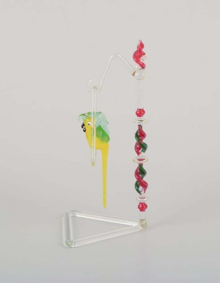 Murano, Italy. Rare Sculpture Of A Parrot Hanging On A Stand. photo for sale