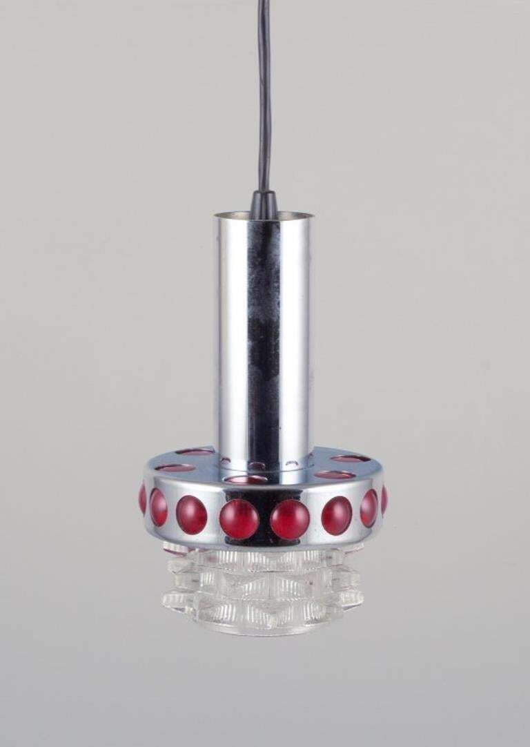 Raak, Holland. Two Ceiling Pendants In Chromed Metal And Art Glass. 1970s. photo for sale