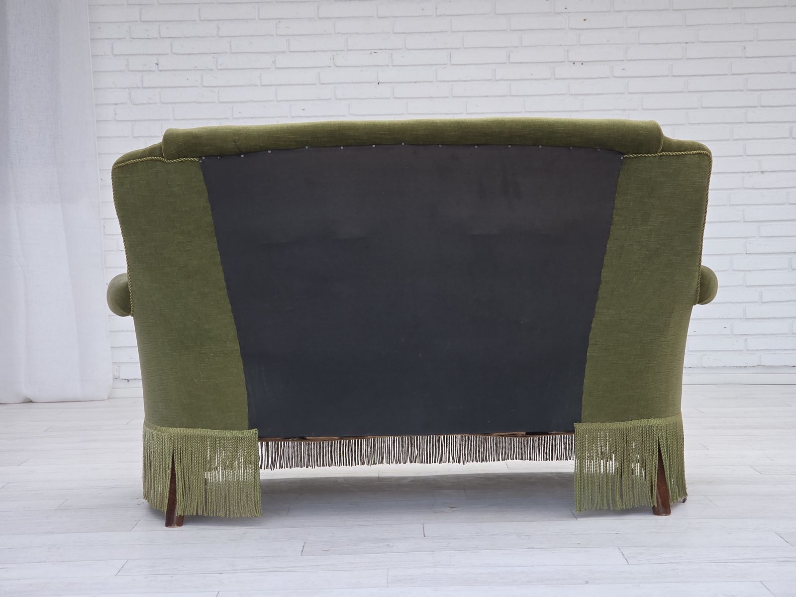 1960s, Danish 2 Seater Sofa, Original Green Furniture Velour, Beech Wood Legs. photo furniture