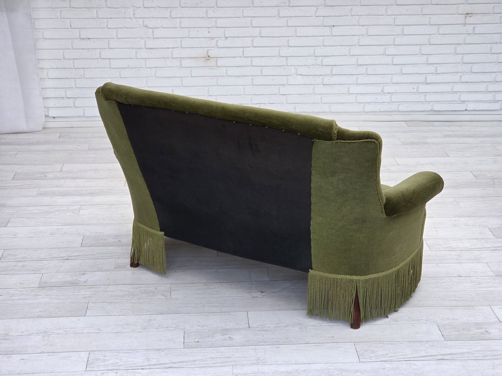 1960s, Danish 2 Seater Sofa, Original Green Furniture Velour, Beech Wood Legs. photo vinterior