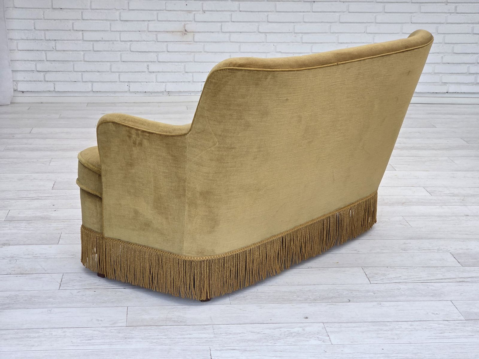 photo furniture 1970s, Danish 2 Seater Sofa, Original Light Green Furniture Velour, Beech Wood.