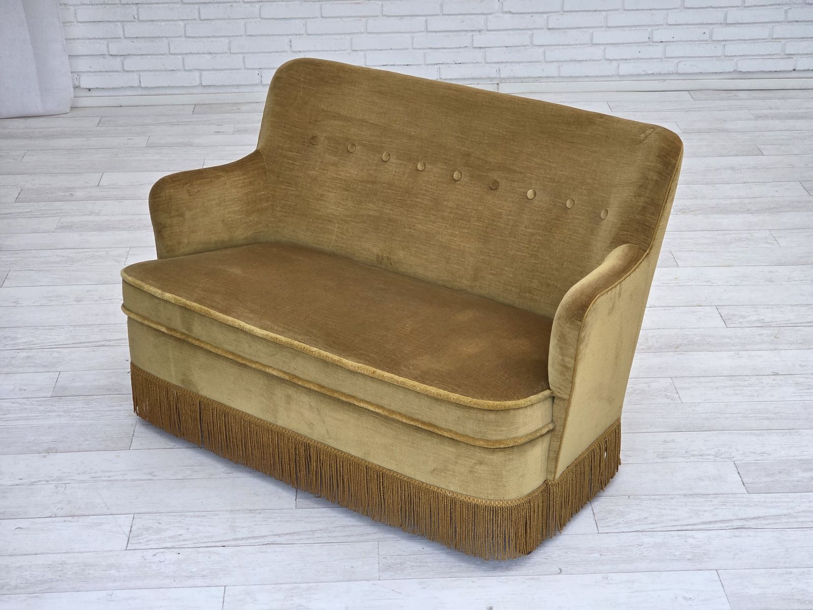 photo for sale 1970s, Danish 2 Seater Sofa, Original Light Green Furniture Velour, Beech Wood.
