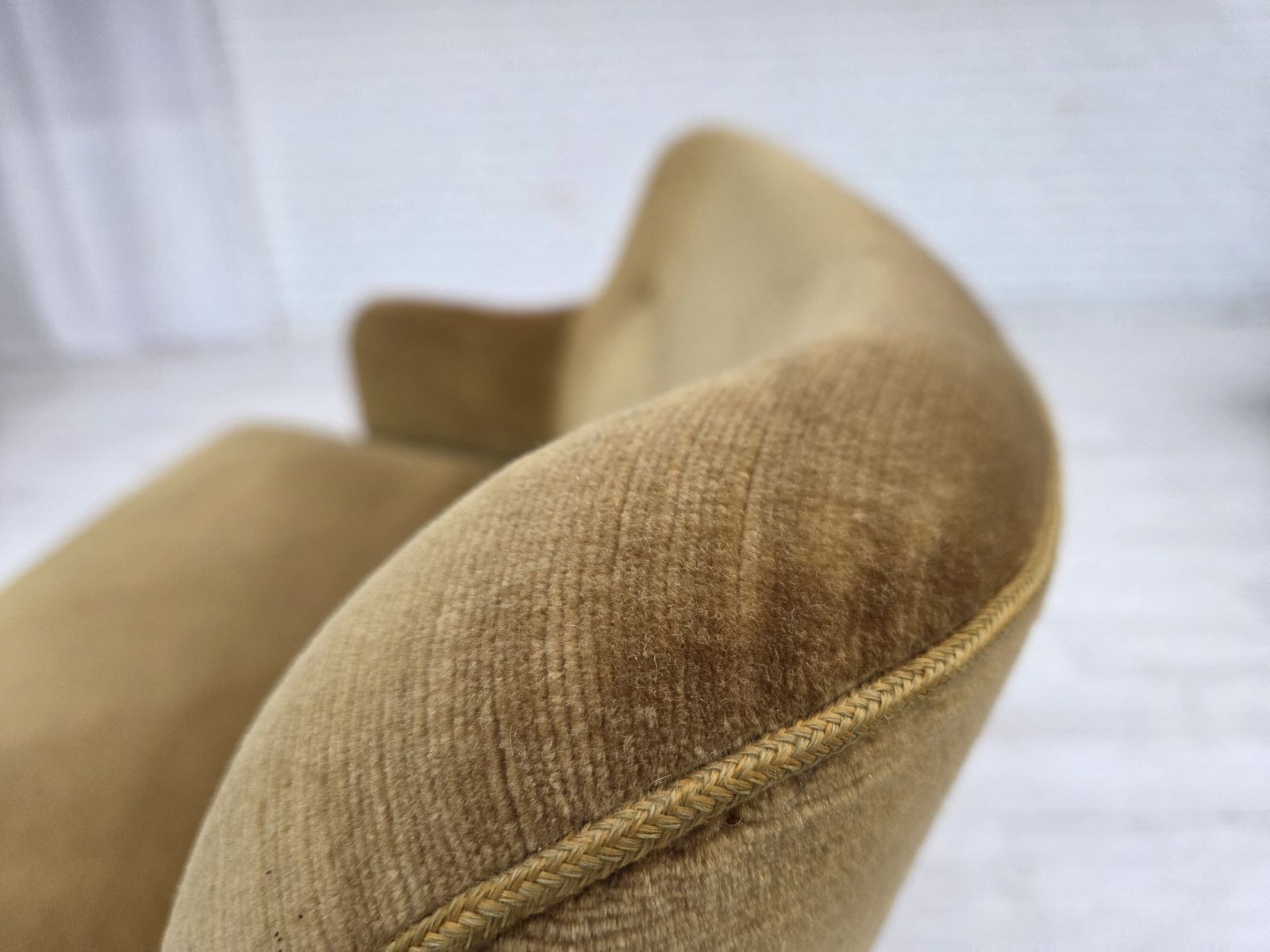 Furniture 1970s, Danish 2 Seater Sofa, Original Light Green Furniture Velour, Beech Wood. photo