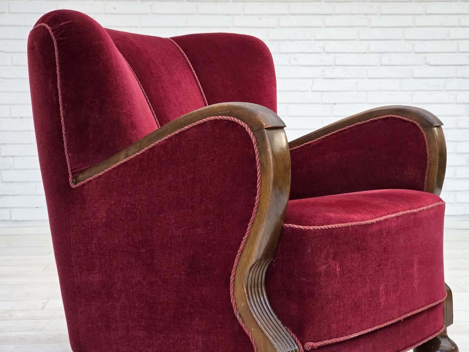 1950s, Danish Relax Armchair, Cherry Red Furniture Velour, Dark Beech Wood. photo for sale