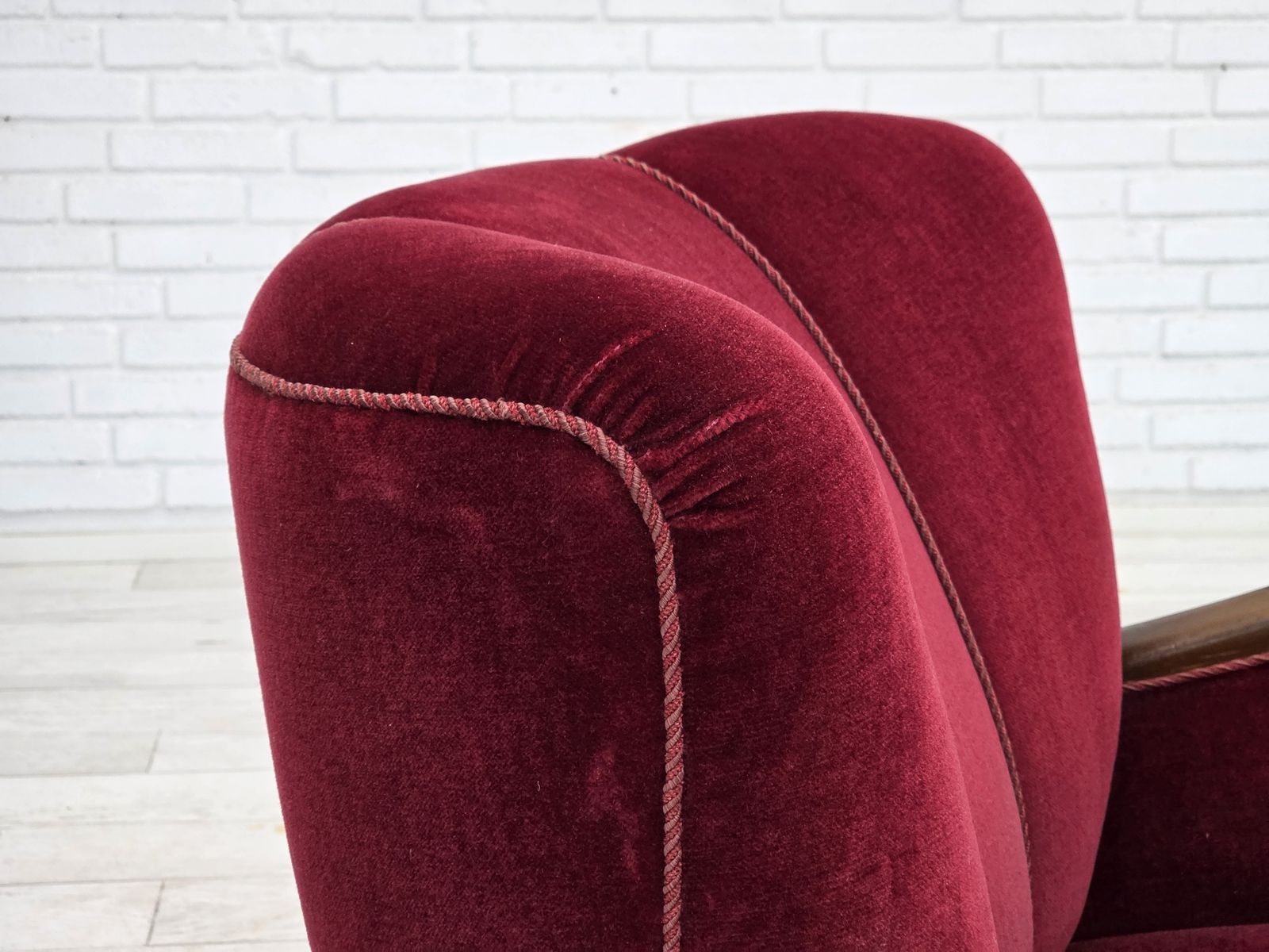 1950s, Danish Relax Armchair, Cherry Red Furniture Velour, Dark Beech Wood. photo Furniture