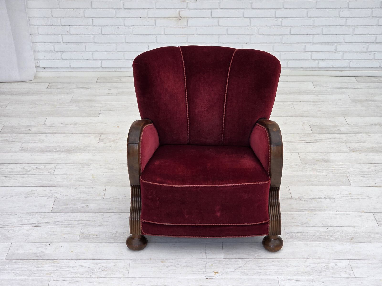 1950s, Danish Relax Armchair, Cherry Red Furniture Velour, Dark Beech Wood. photo buy