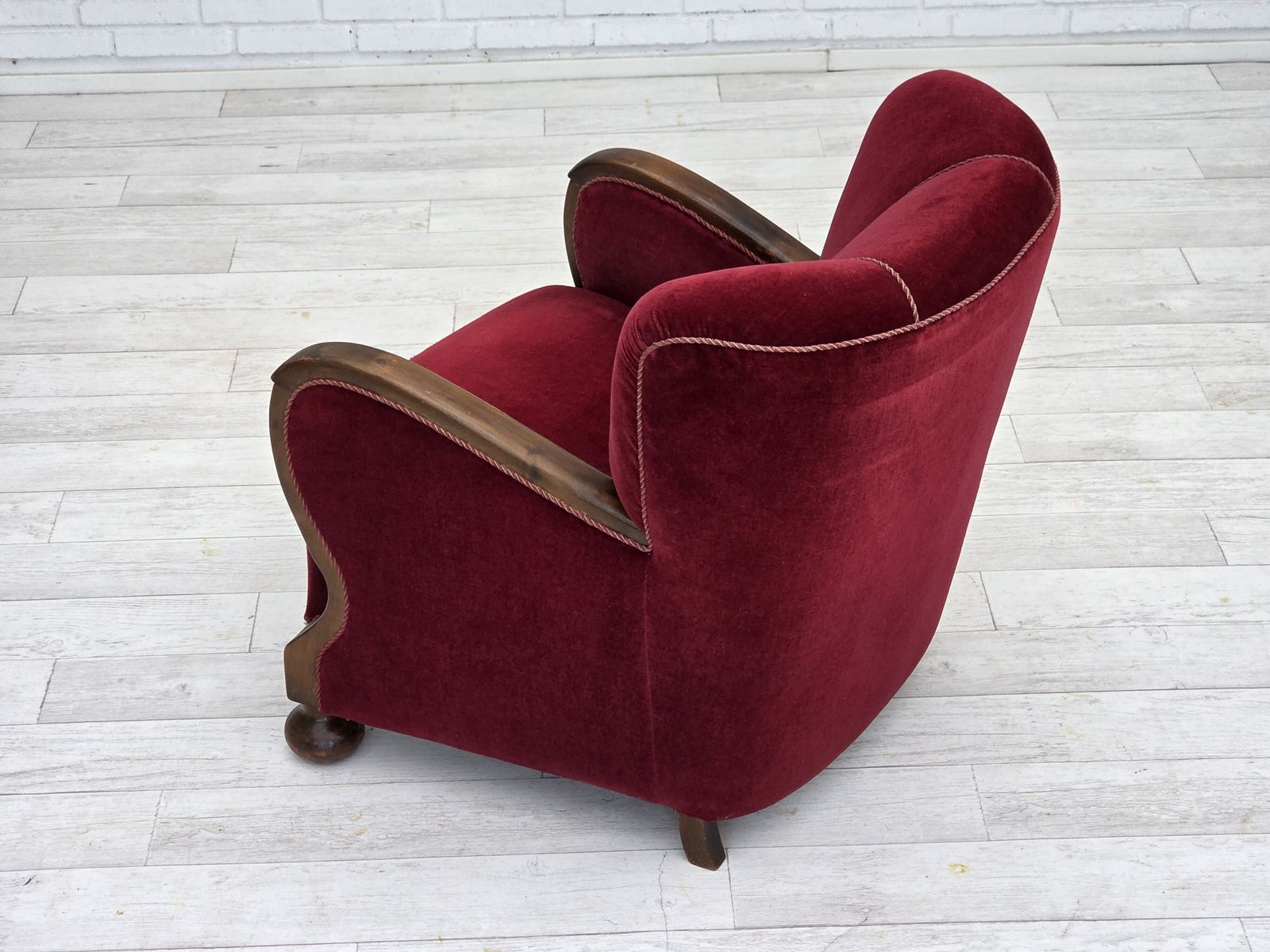 photo buy 1950s, Danish Relax Armchair, Cherry Red Furniture Velour, Dark Beech Wood.
