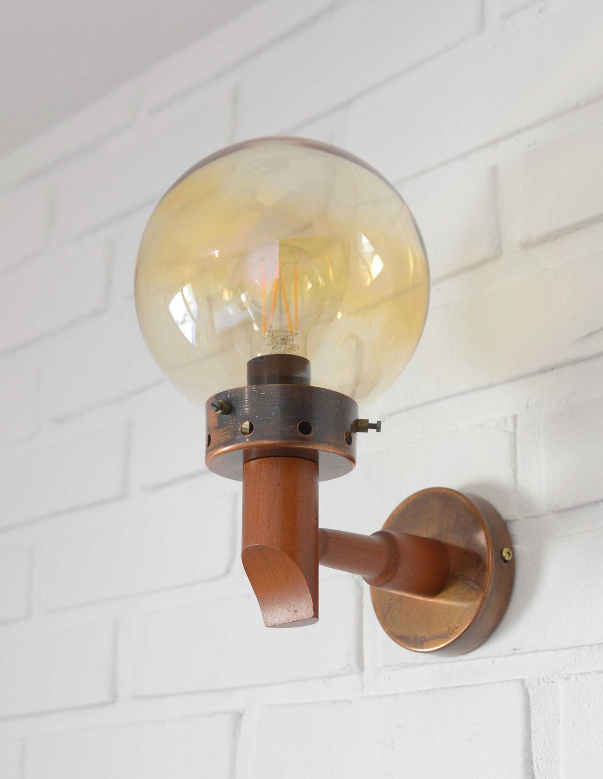 1 Of 6 / Vintage Wall Lamps / Light Fixtures / Rustic Sconces / Wood And Copper / Yugoslavia 1980's / Flush Mount Lights / Amber Glass photo buy