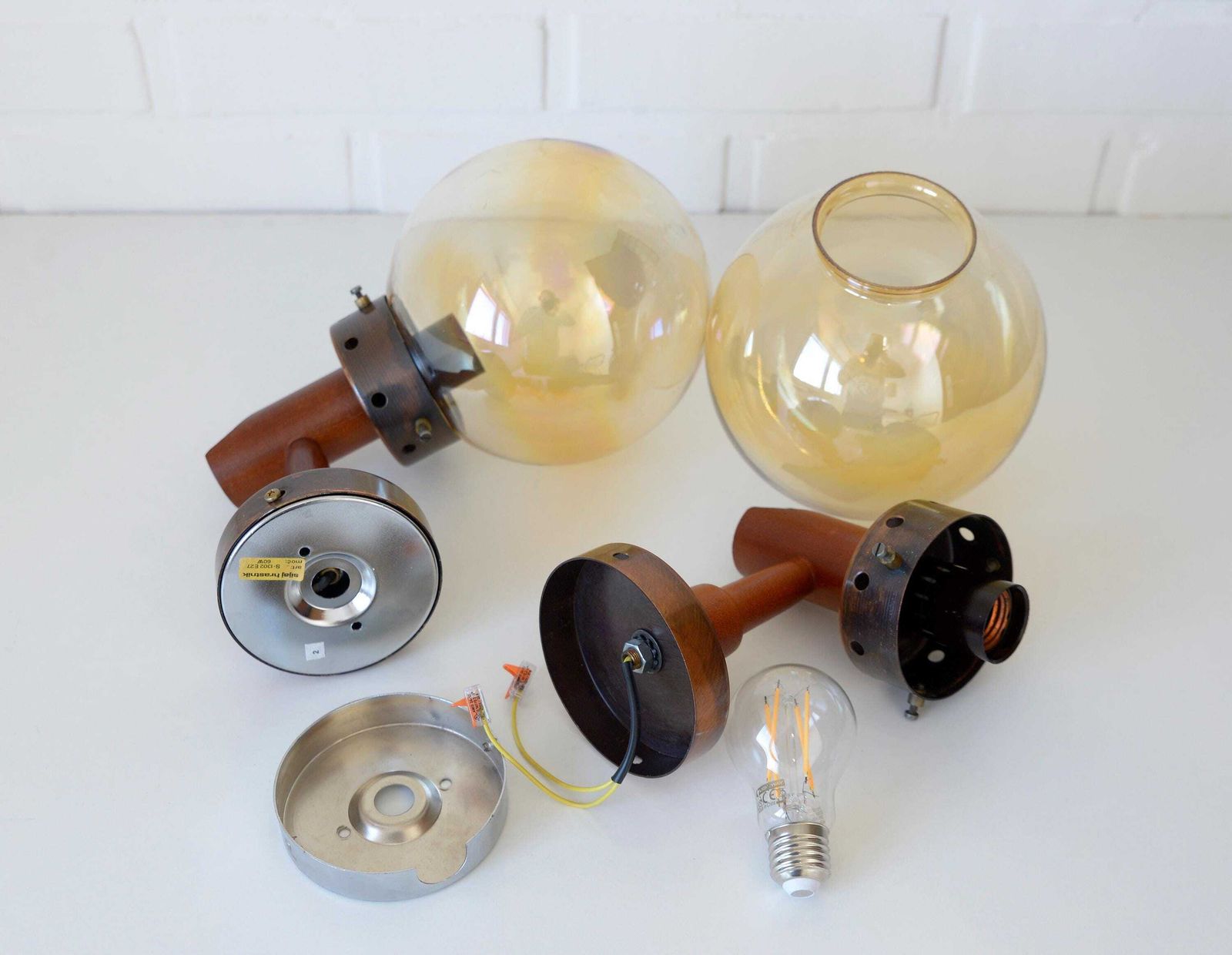 photo for sale 1 Of 6 / Vintage Wall Lamps / Light Fixtures / Rustic Sconces / Wood And Copper / Yugoslavia 1980's / Flush Mount Lights / Amber Glass