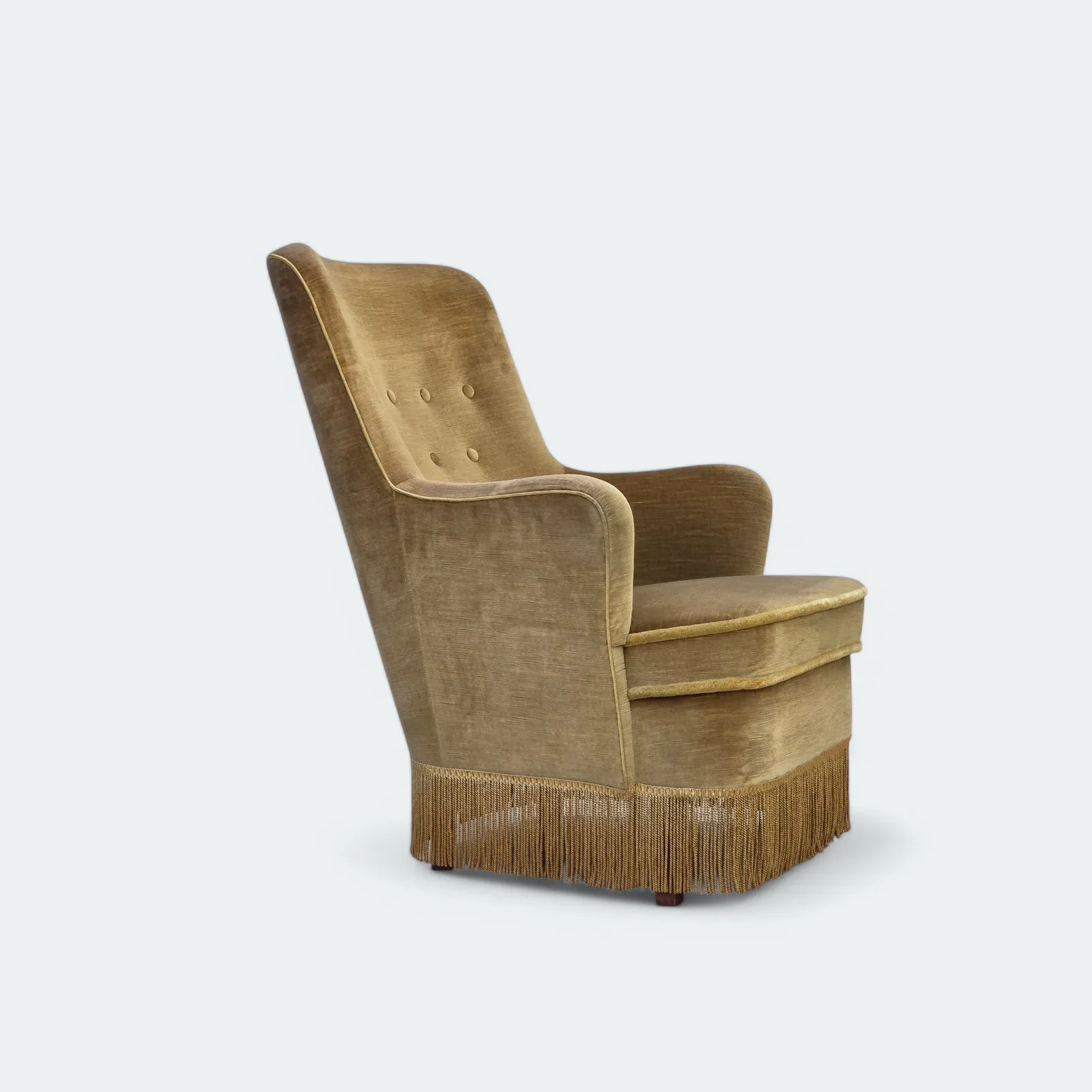 1970s, Danish Highback Armchair, Original Light Green Furniture Velour, Beech Wood.