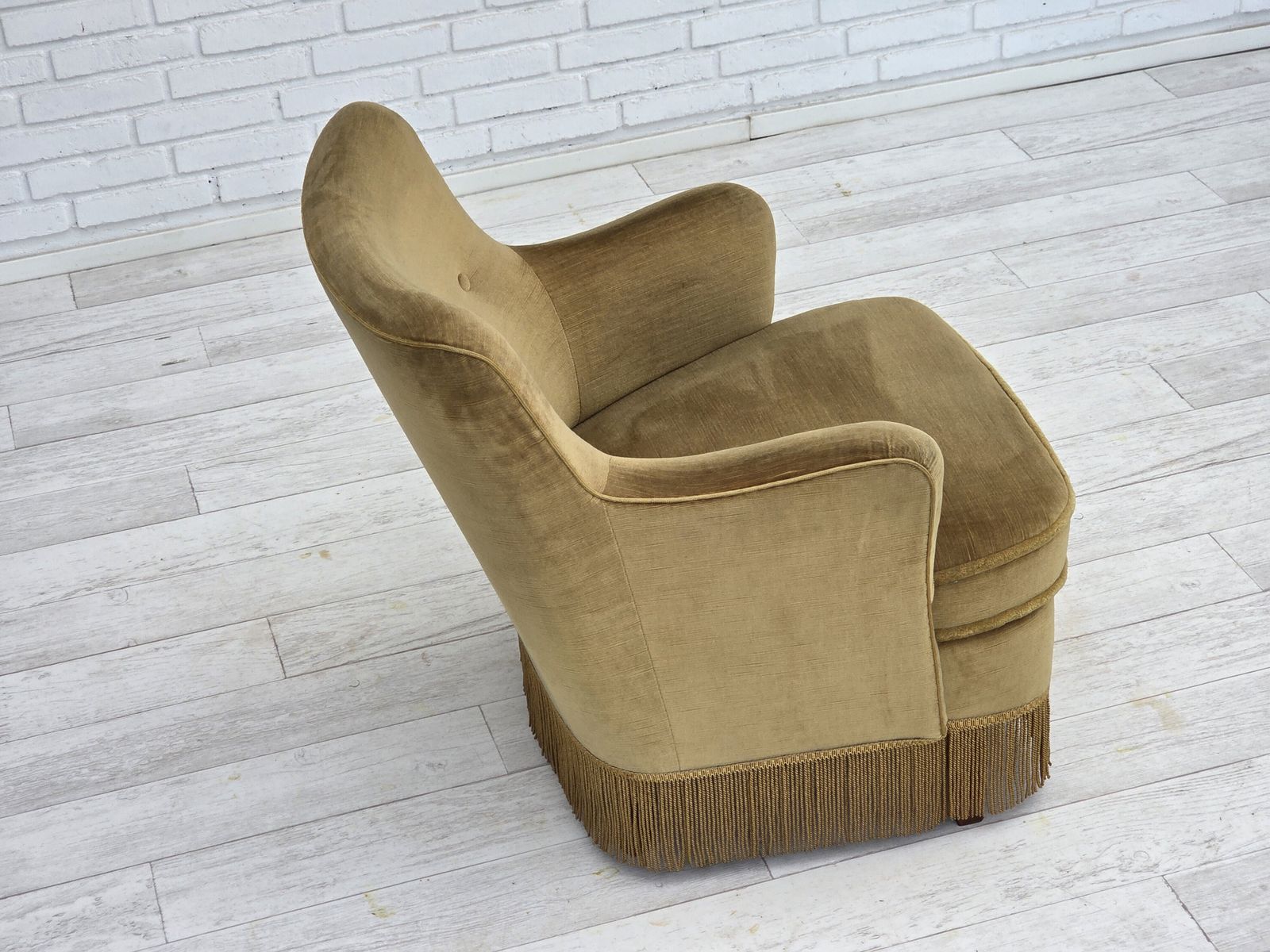 1970s, Danish Lounge Chair, Original Light Green Furniture Velour, Beech Wood. photo vintage