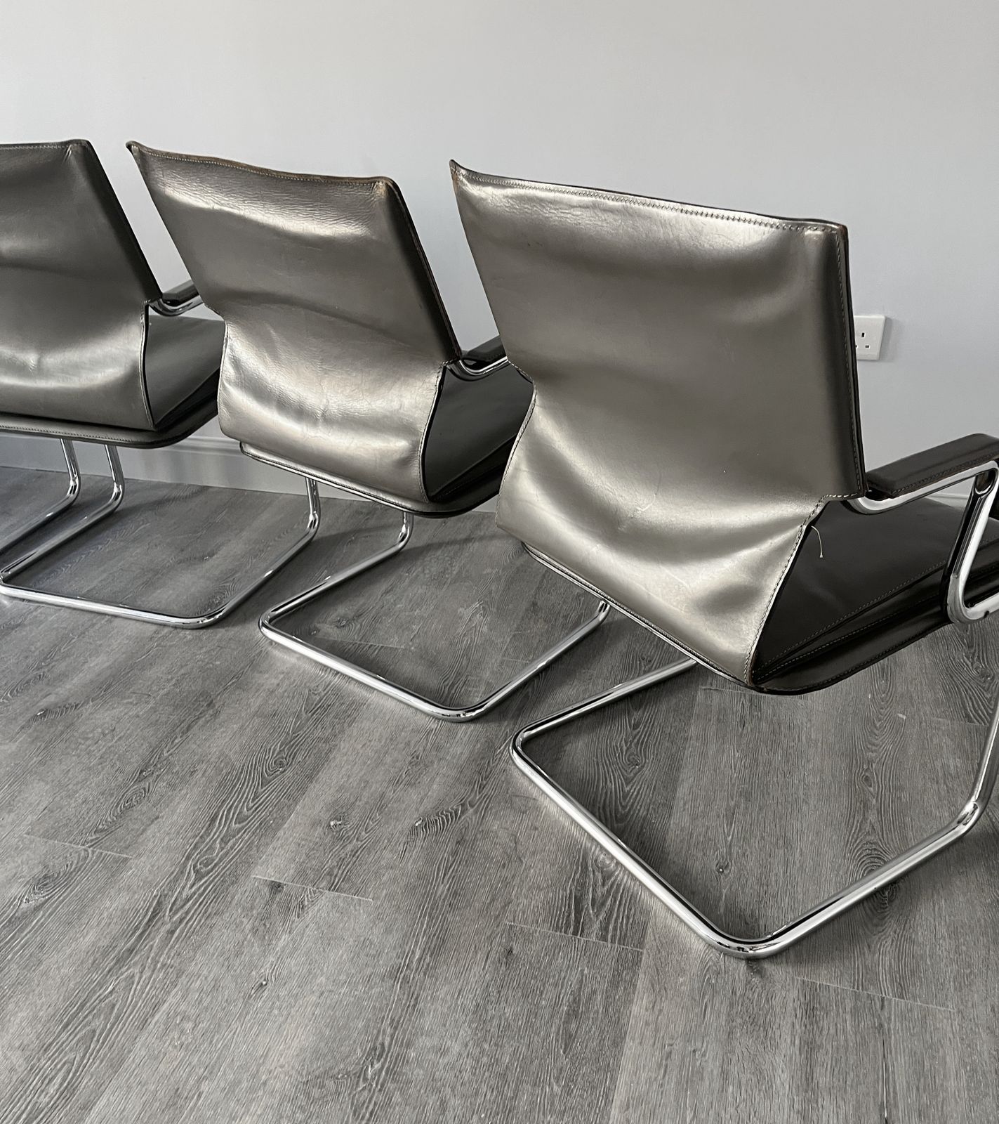 Set Of 6 Iconic Uno Chairs In Hand Stitched Heavy Grey Leather On Tubular Chrome Metal Cantilevered Frames. photo 3750.0