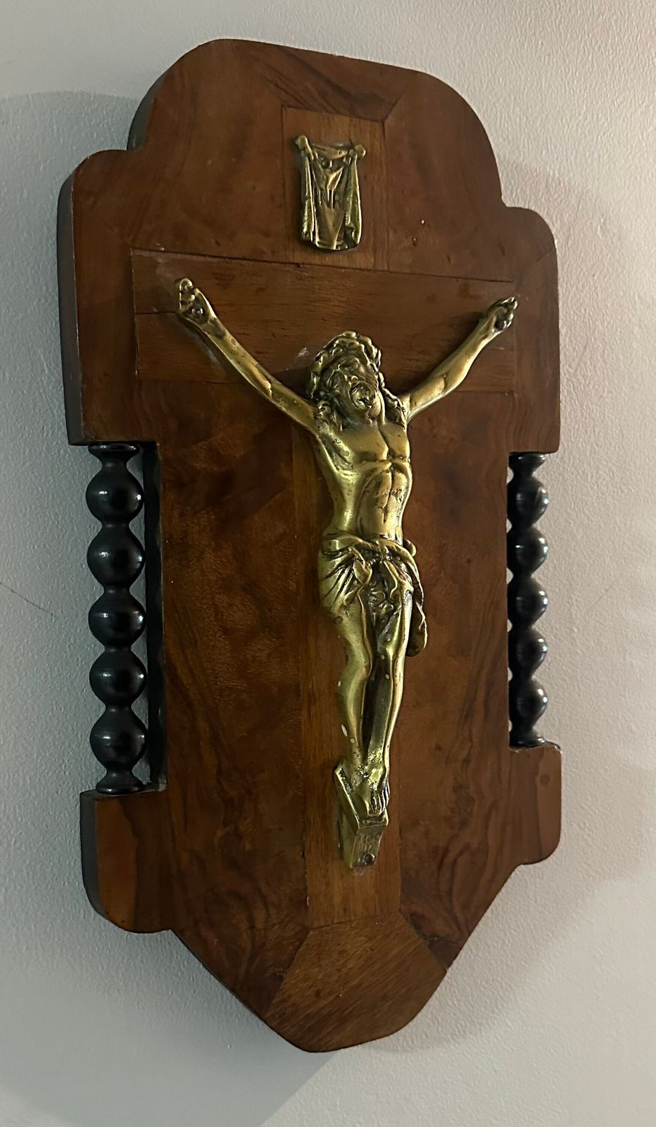 Antique Wooden Walnut Veneer And Brass Crucifux Plaque Wall Hanging photo for sale