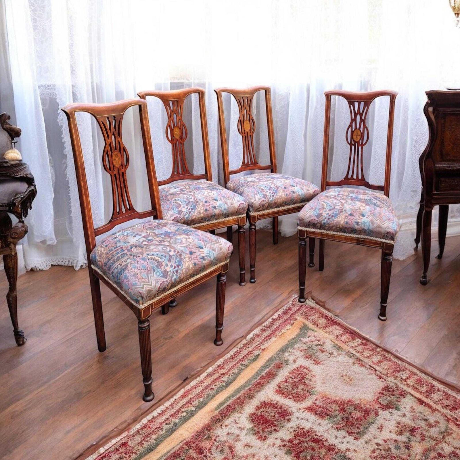 Antique Victorian Inlaid Mahogany Dining Chairs / Set Of 4 / C1880