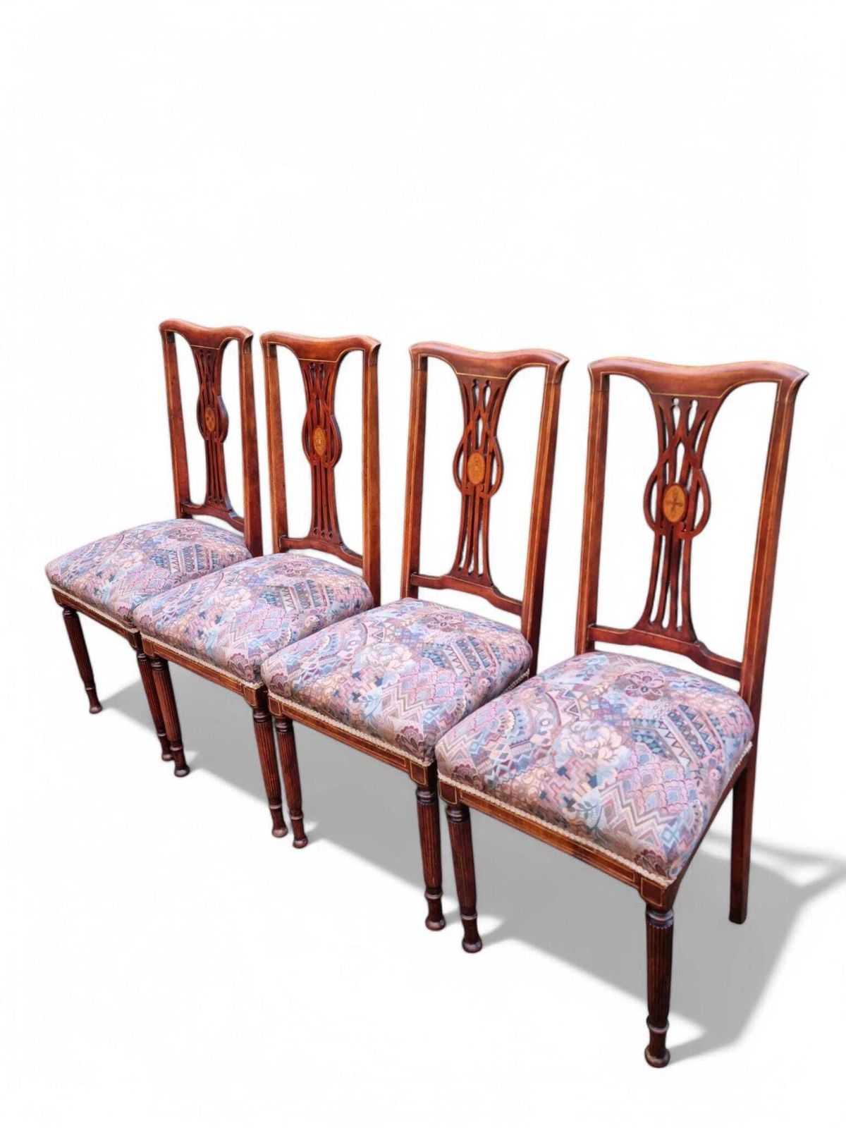 Antique Victorian Inlaid Mahogany Dining Chairs / Set Of 4 / C1880 photo furniture
