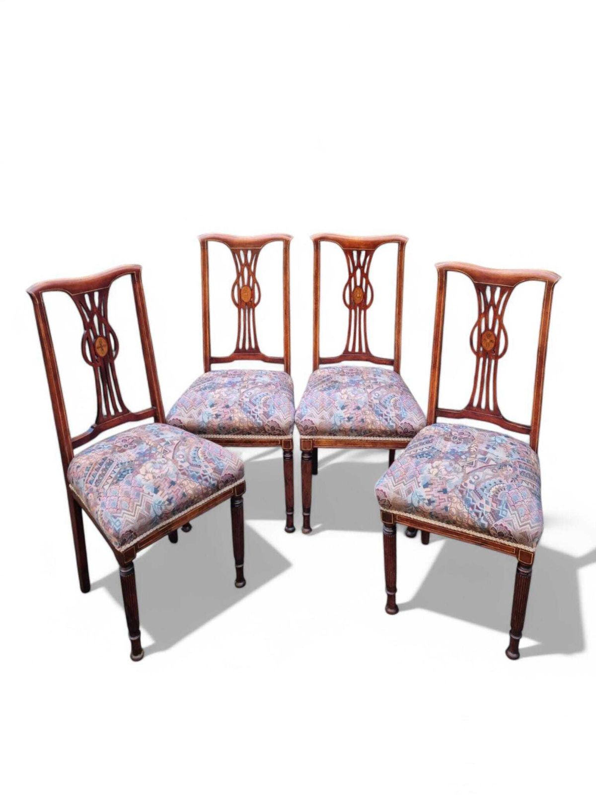 Antique Victorian Inlaid Mahogany Dining Chairs / Set Of 4 / C1880 photo Furniture