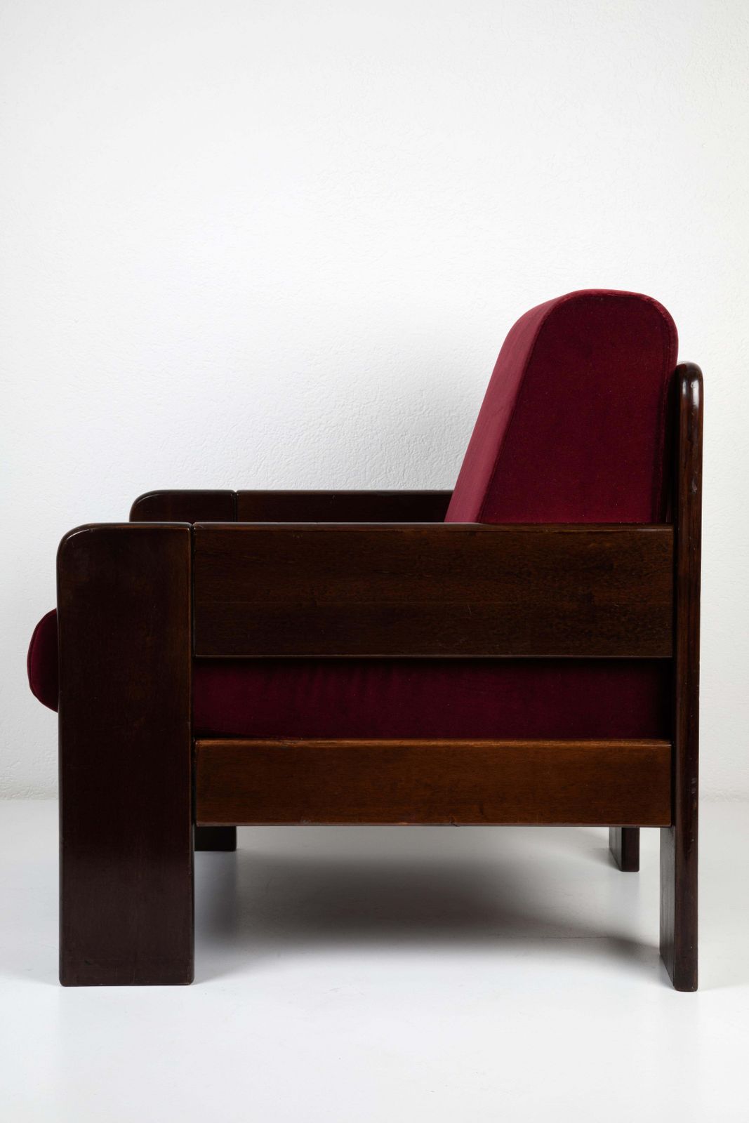 Mid Century Modern Four Armchairs Wood Dark Red Velvet Fabric photo for sale