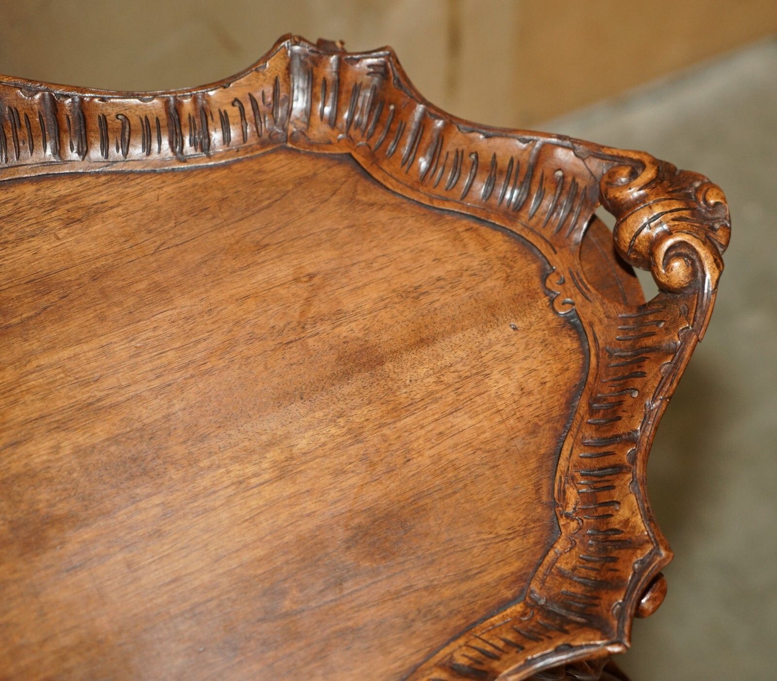 Antique French Hand Carved Tea Silver Tray Table With Removable Serving Tray Top photo vintage