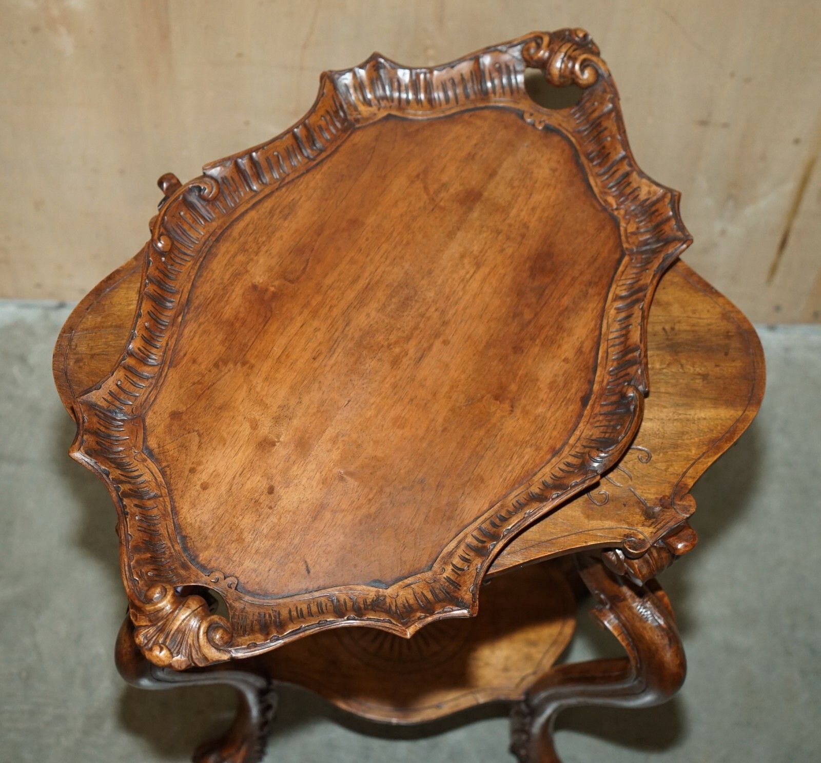 photo for sale Antique French Hand Carved Tea Silver Tray Table With Removable Serving Tray Top