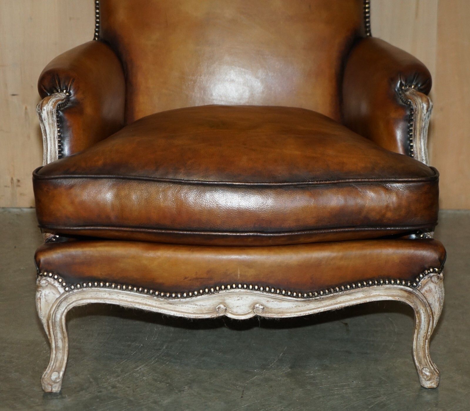 Restored Pair Of Antique Original Paint Brown Leather French Louis XV Armchairs photo buy