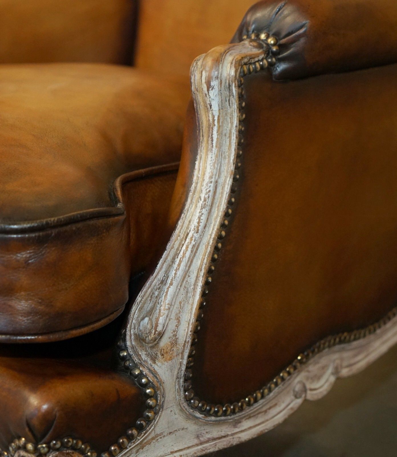 Restored Pair Of Antique Original Paint Brown Leather French Louis XV Armchairs photo vintage