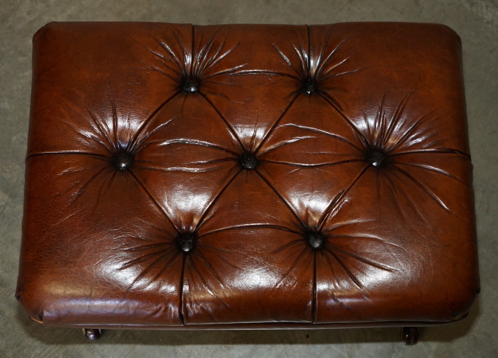 Pair Of Restored Brown Leather Chesterfield Tufted Porcelain Castors Footstools photo Furniture