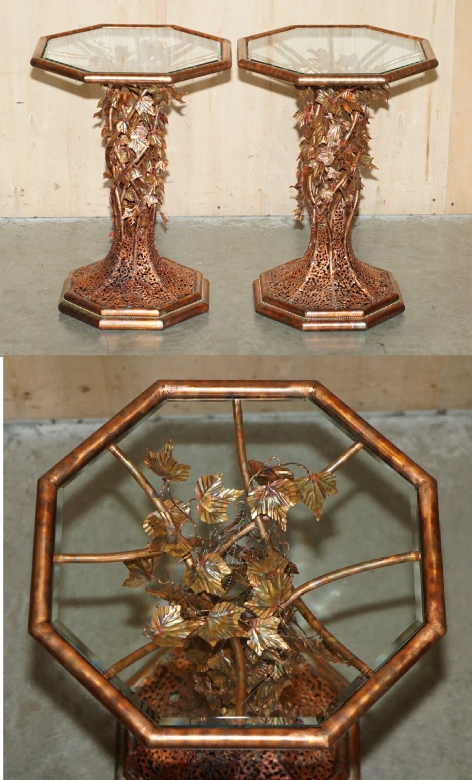 Stunning & Unique Pair Of Vintage 1960's Italian Copper Floral Side End Tables
