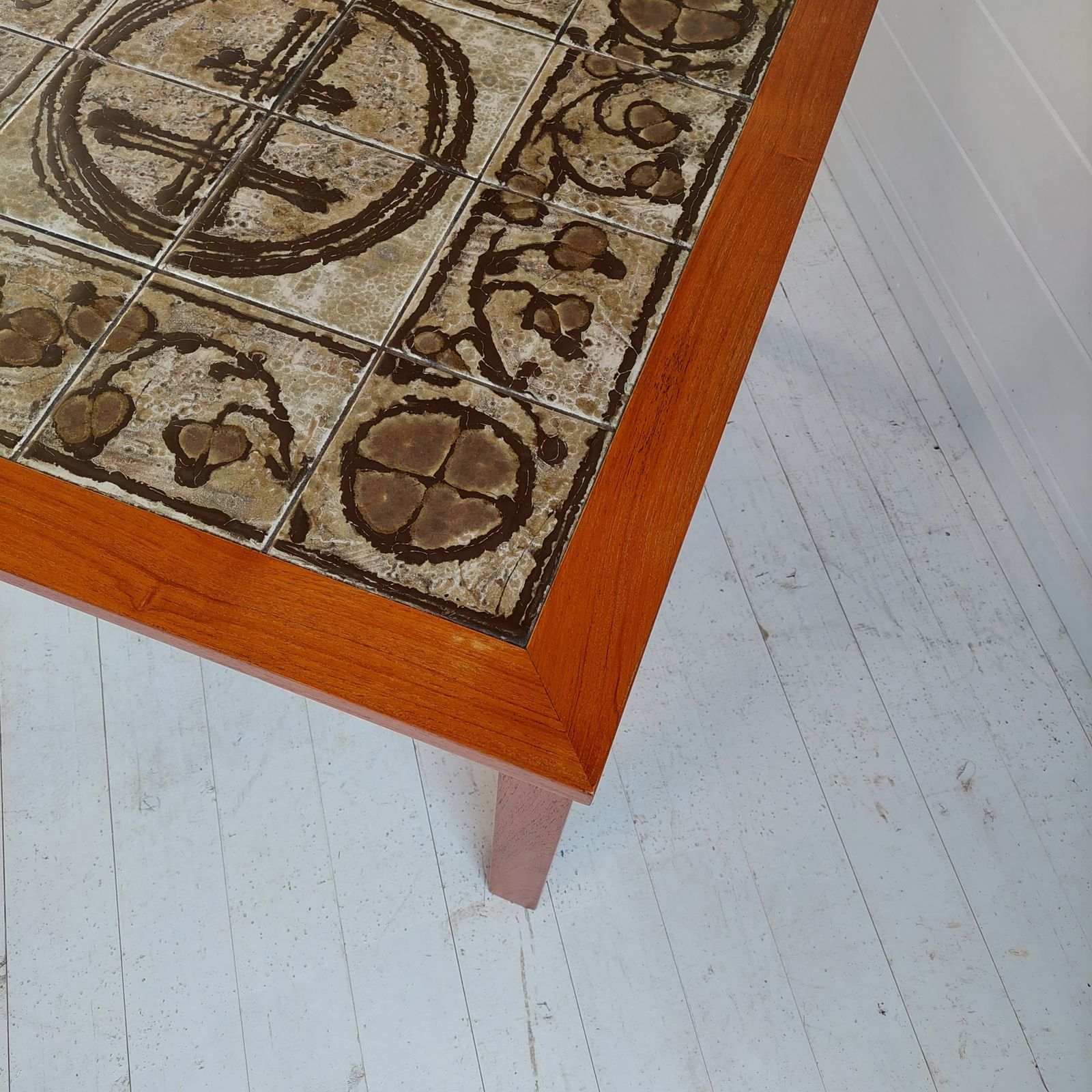 photo vinterior Mid Century Danish Ceramic And Teak Coffee Table By Ox Art For Trioh, 1970s