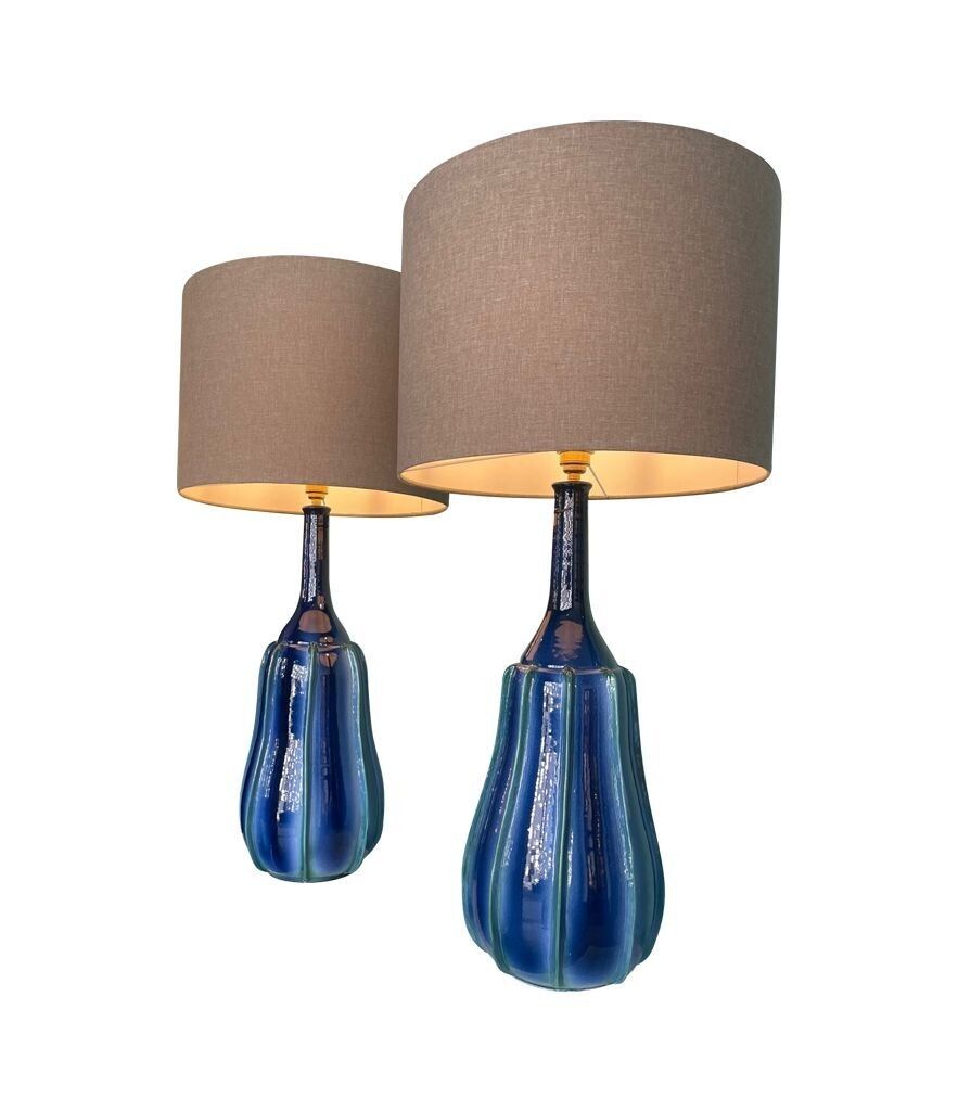 A Stunning Large Pair Of 1980s Italian Blue And Green Ceramic Lamps With Bespoke Linen Shades