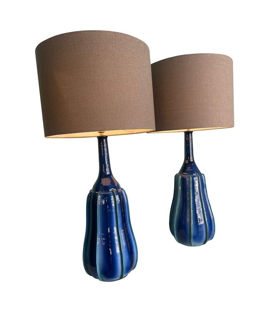A Stunning Large Pair Of 1980s Italian Blue And Green Ceramic Lamps With Bespoke Linen Shades photo vinterior