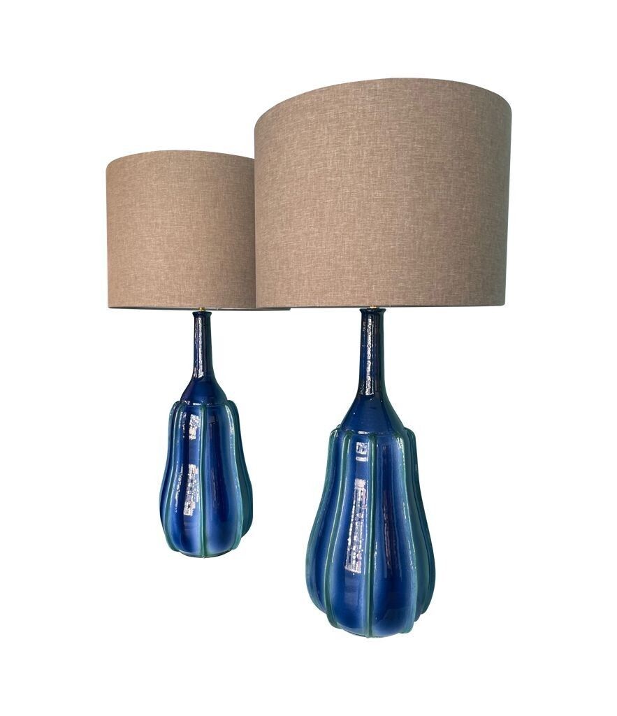 A Stunning Large Pair Of 1980s Italian Blue And Green Ceramic Lamps With Bespoke Linen Shades photo vintage