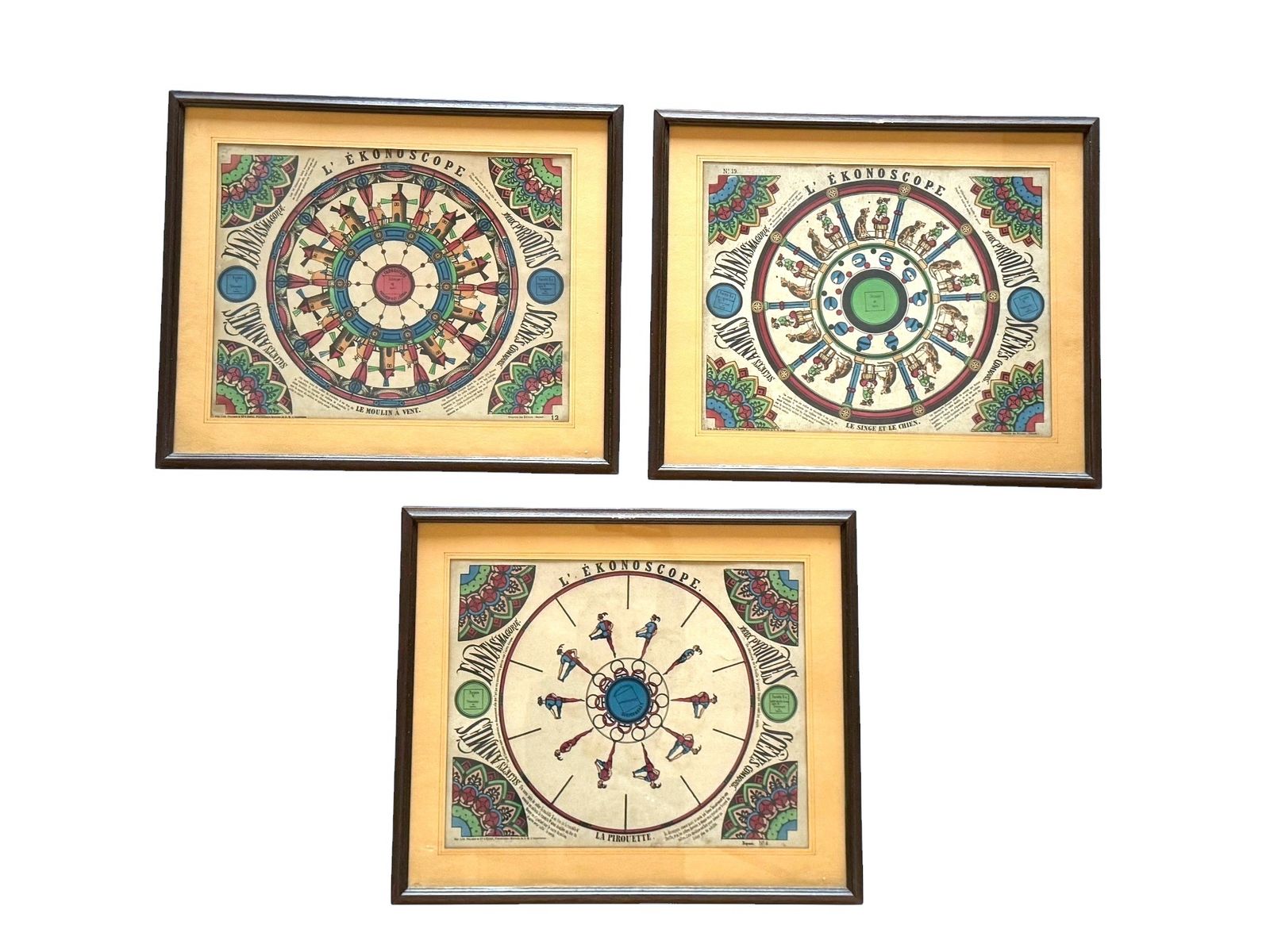 1700.0 L'ekonoscope, Set Of 3 Framed Original Phenakistoscopes, France Epinal, XIX Cent. photo