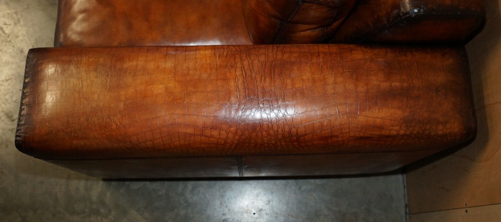 photo for sale Rare Equestrian Embossed Fendi Crocodile Alligator Leather Patina Hand Dyed Sofa