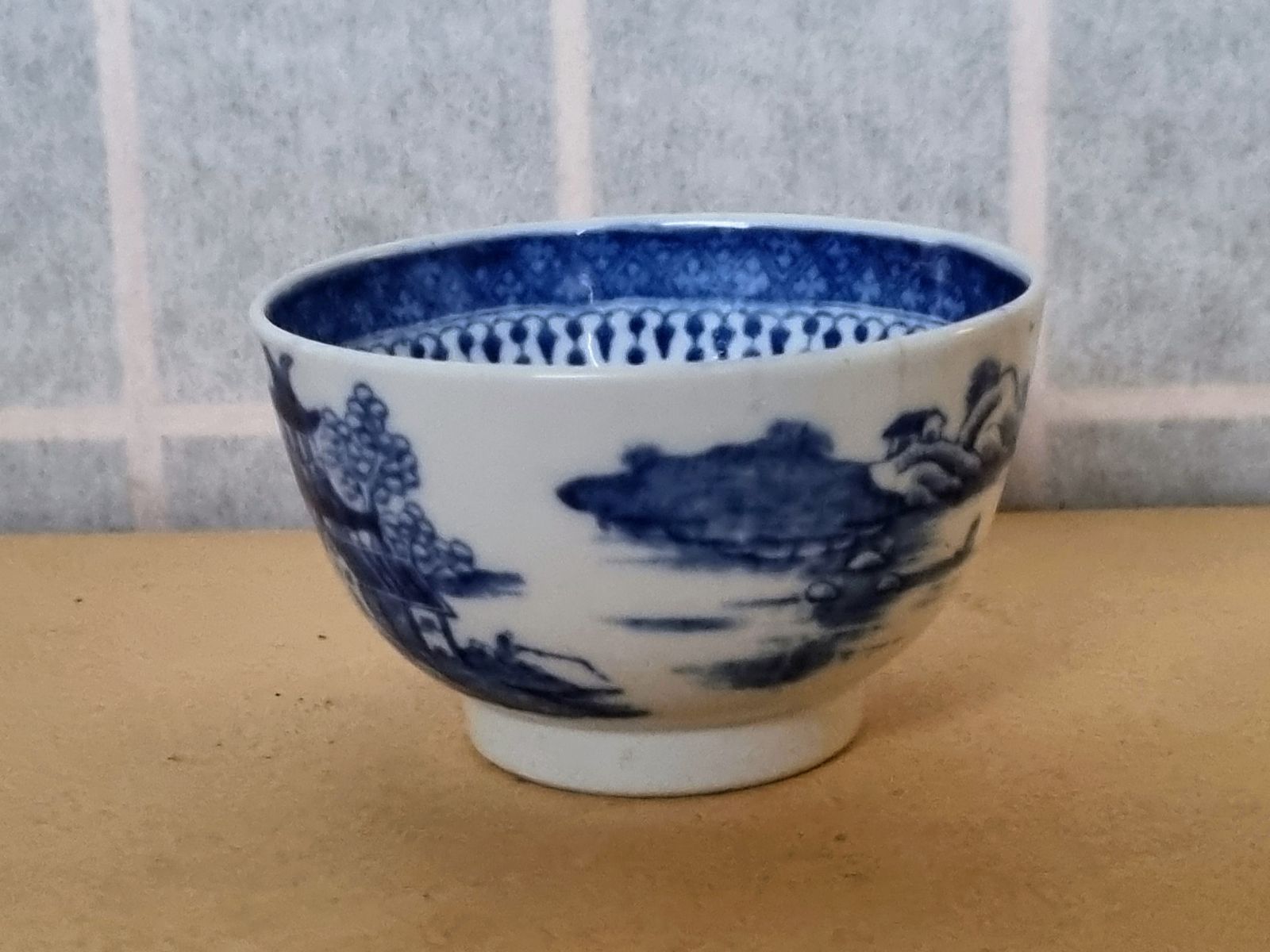 Georgian Tea Bowl | 18th Century English Blue White | Chinoiserie Pagoda Pattern | British Antique Porcelain photo vintage