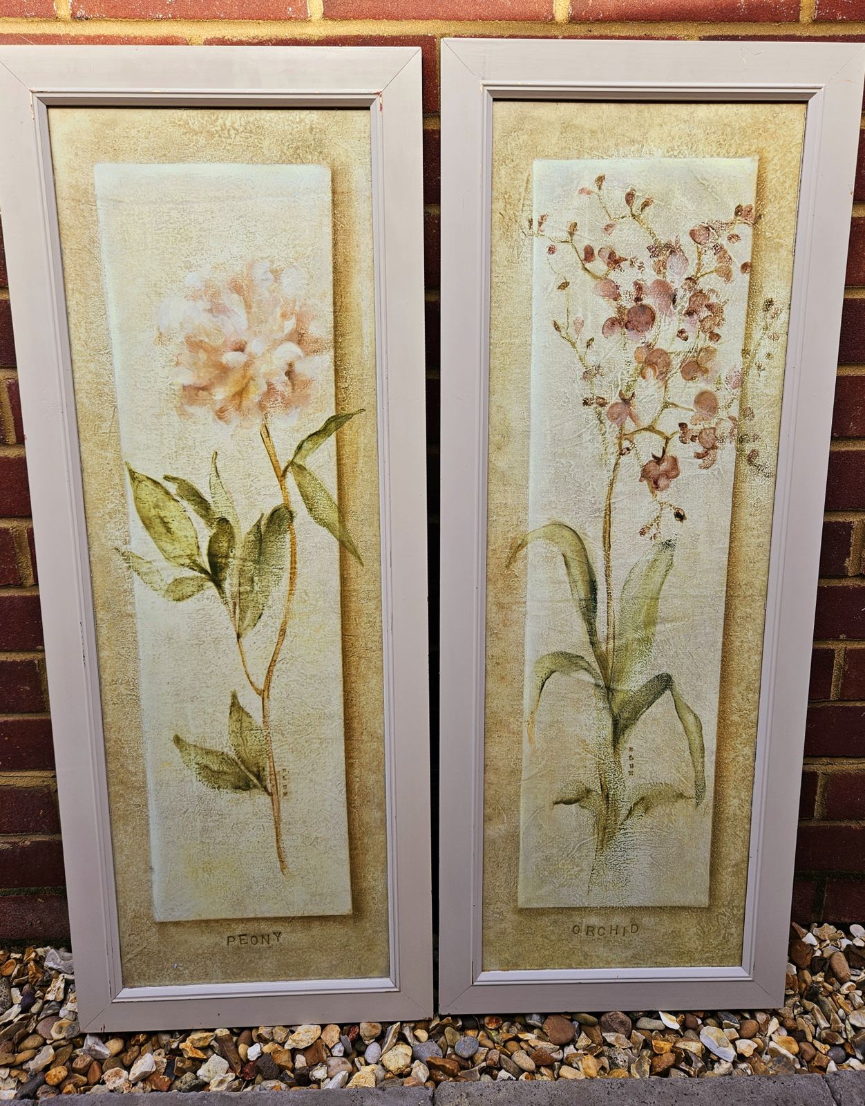 Pair Of Large, Framed Oriental Style Botanical Prints In Neutral Tones
