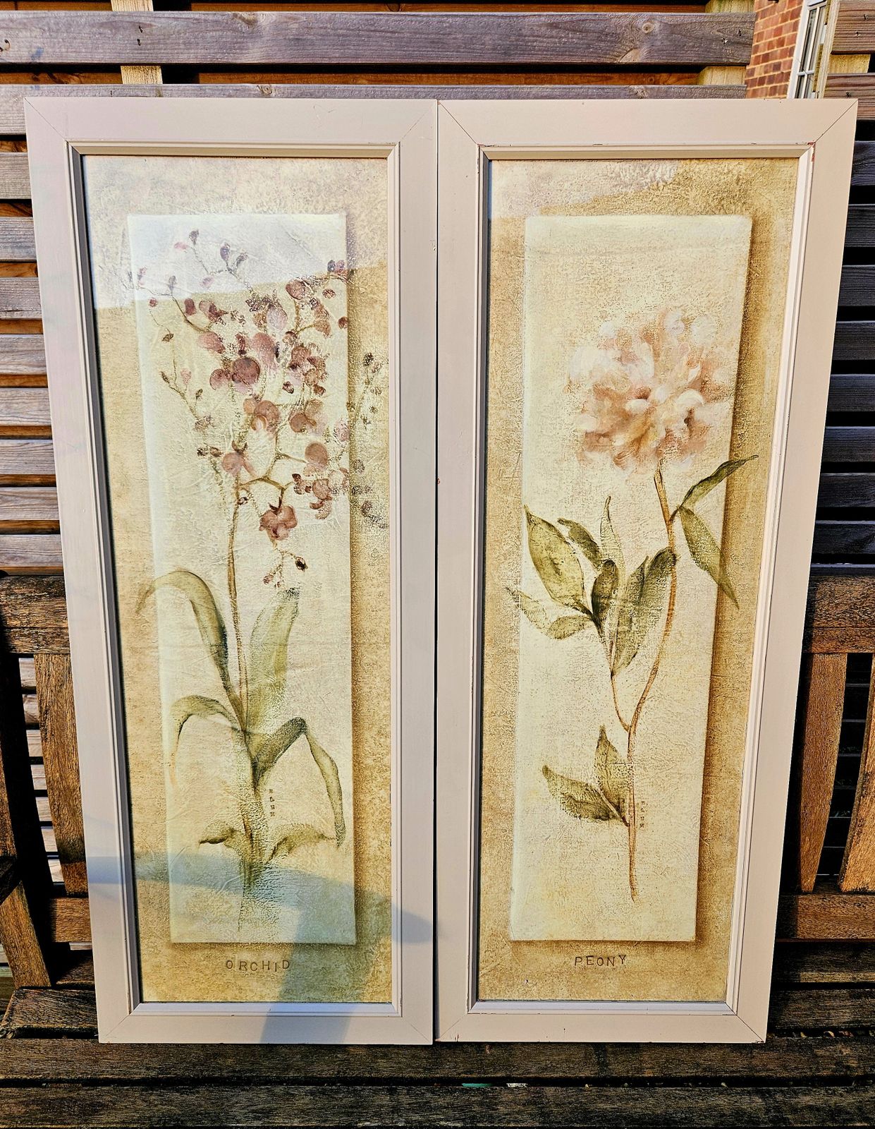 Pair Of Large, Framed Oriental Style Botanical Prints In Neutral Tones photo for sale