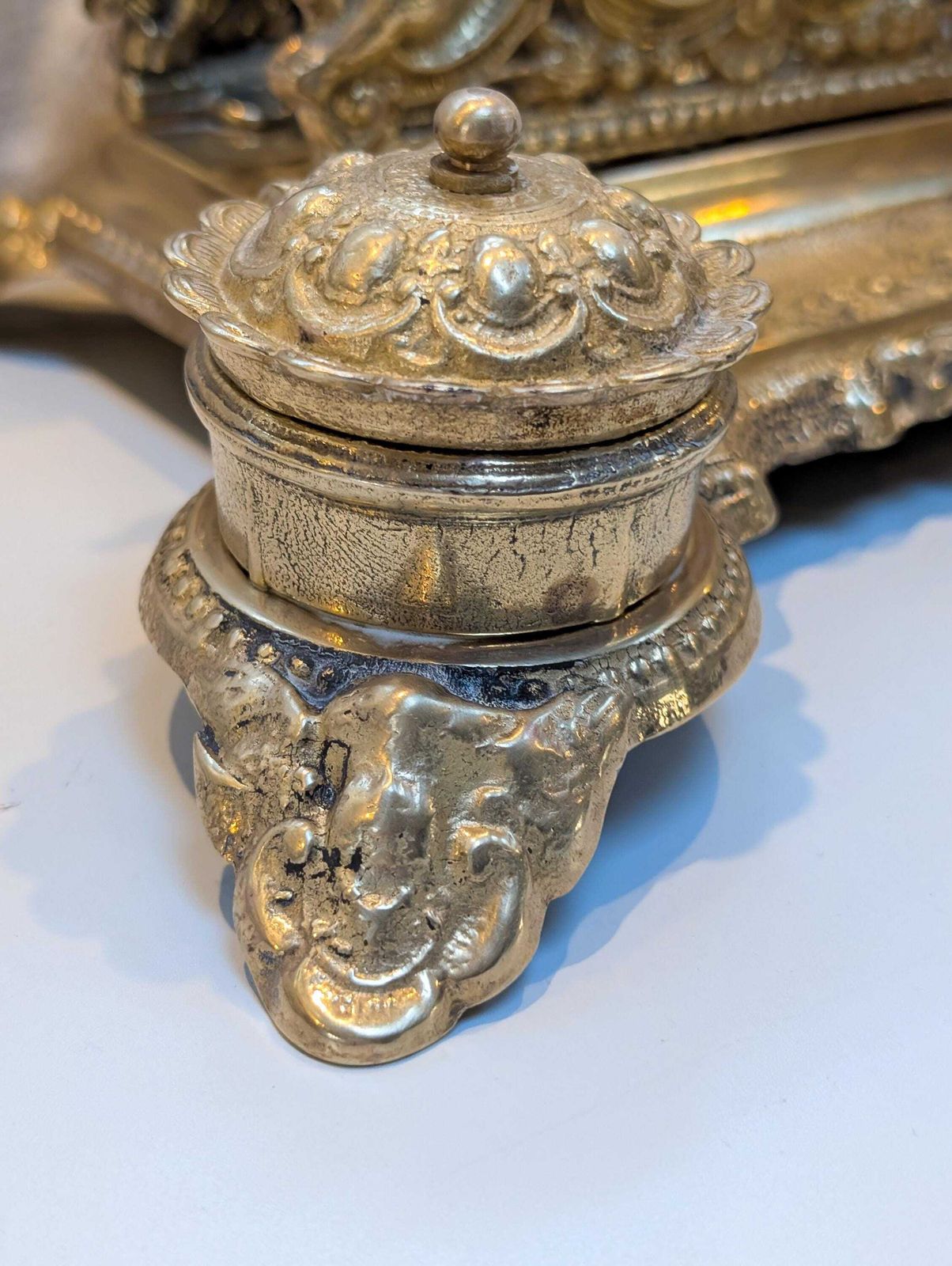 Wonderful Antique Putti Cherub Rococo French Art Nouveau Double Solid Brass Inkwell, Letter Holder. photo furniture