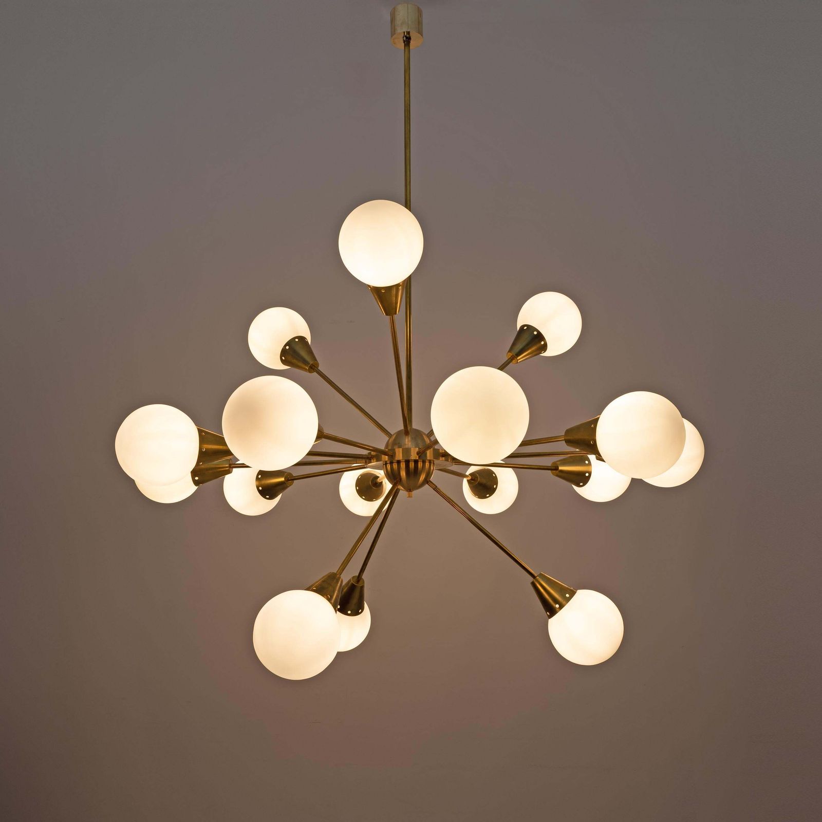Mid Century Modern Italian Brass And Glass Opaline Large Sputnik Chandelier, 70s photo for sale