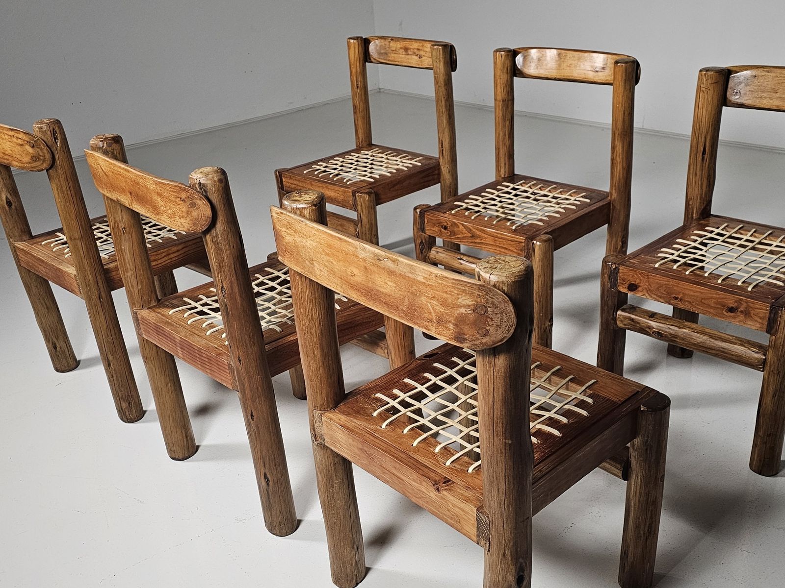 Set Of 6 Solid Pine Wood And Leather Brutalist Dining Chairs, Belgium, 1970s photo buy