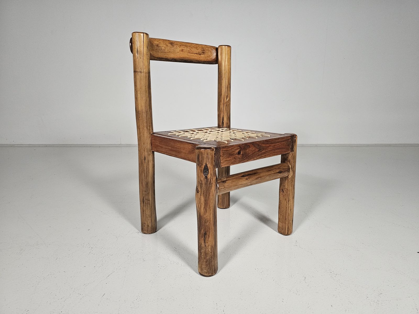 Furniture Set Of 6 Solid Pine Wood And Leather Brutalist Dining Chairs, Belgium, 1970s photo