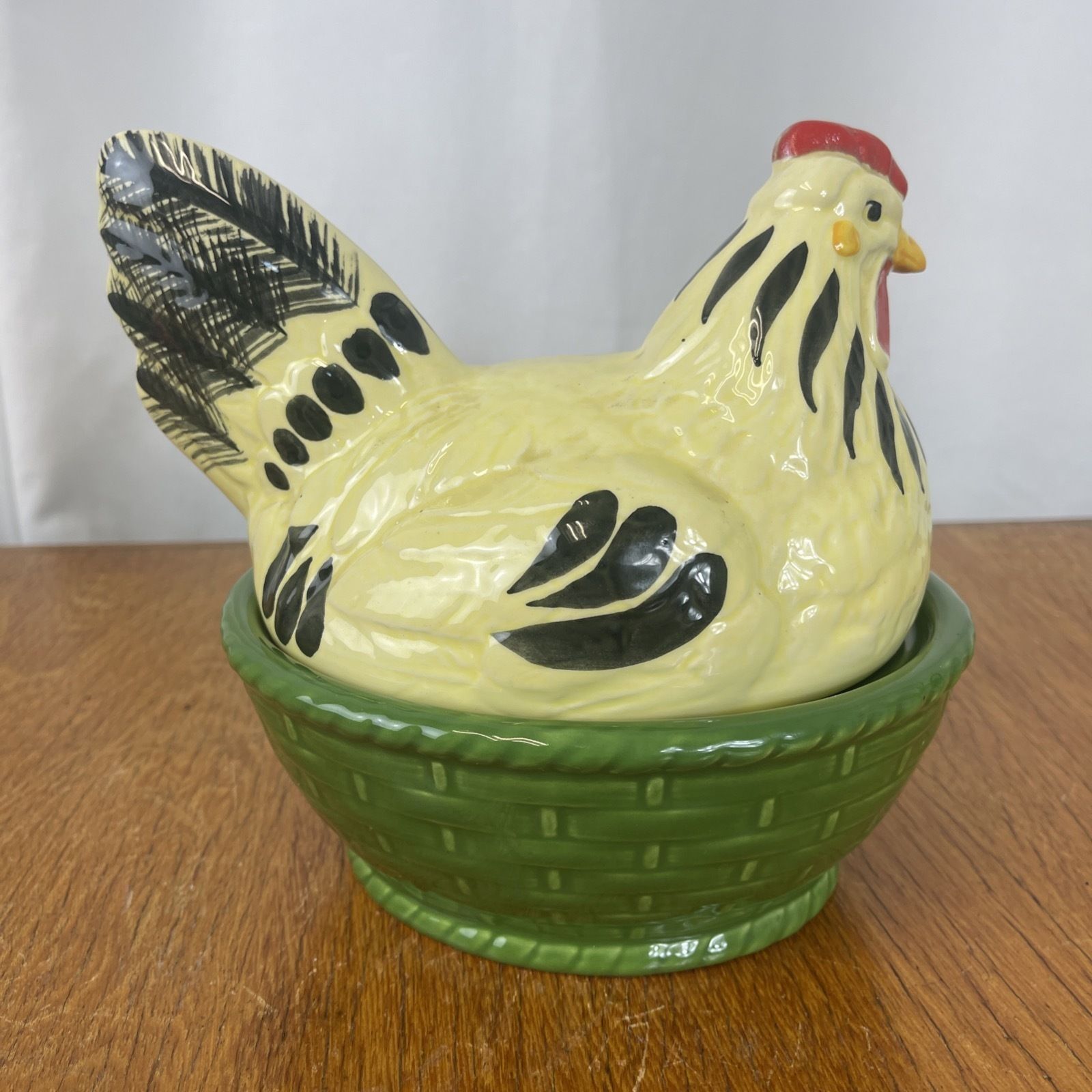 85.0 Ceramic Egg Holder Basket With Hood Rooster And Hen Hand Painted By Zellerkeramik 90s photo