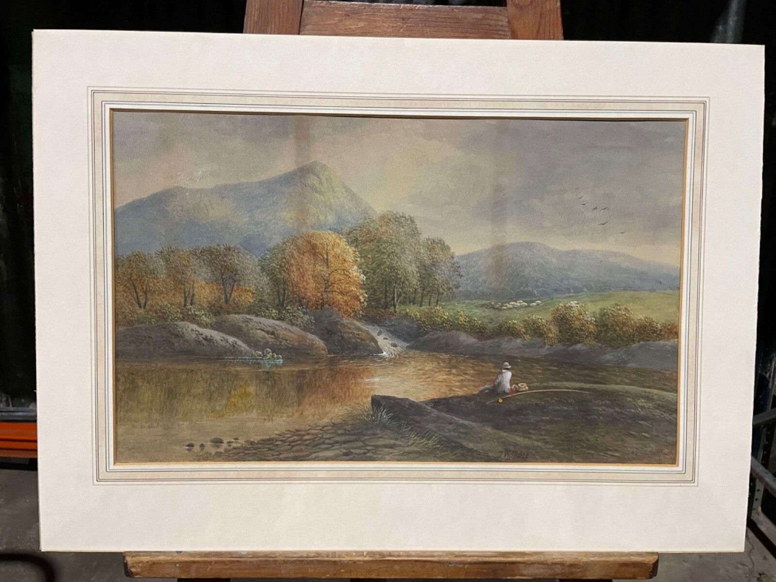 19th Century John Wallace English River Fishing Scene Oil On Board Painting.