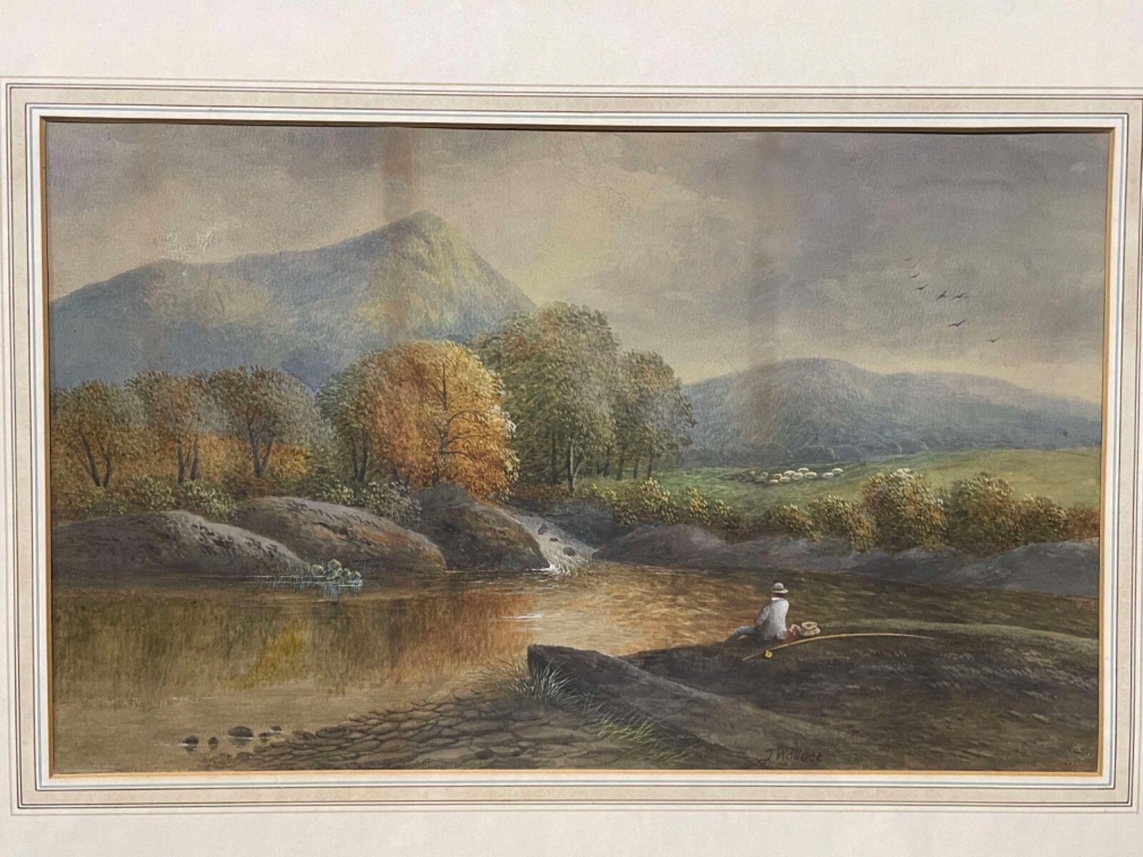 19th Century John Wallace English River Fishing Scene Oil On Board Painting. photo Art