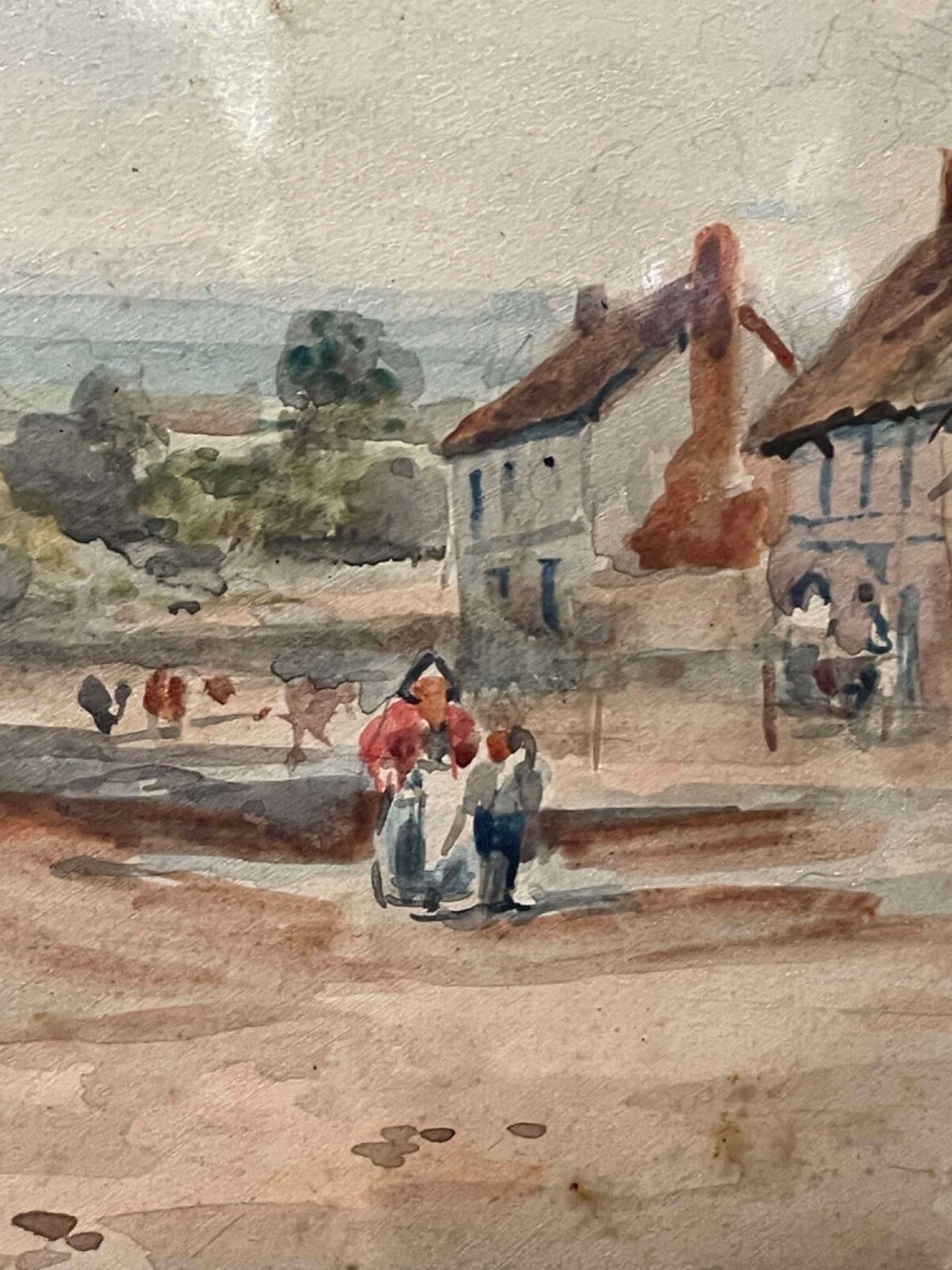19th Century Alcester Village Warwickshire Watercolour Landscape Painting. photo vintage