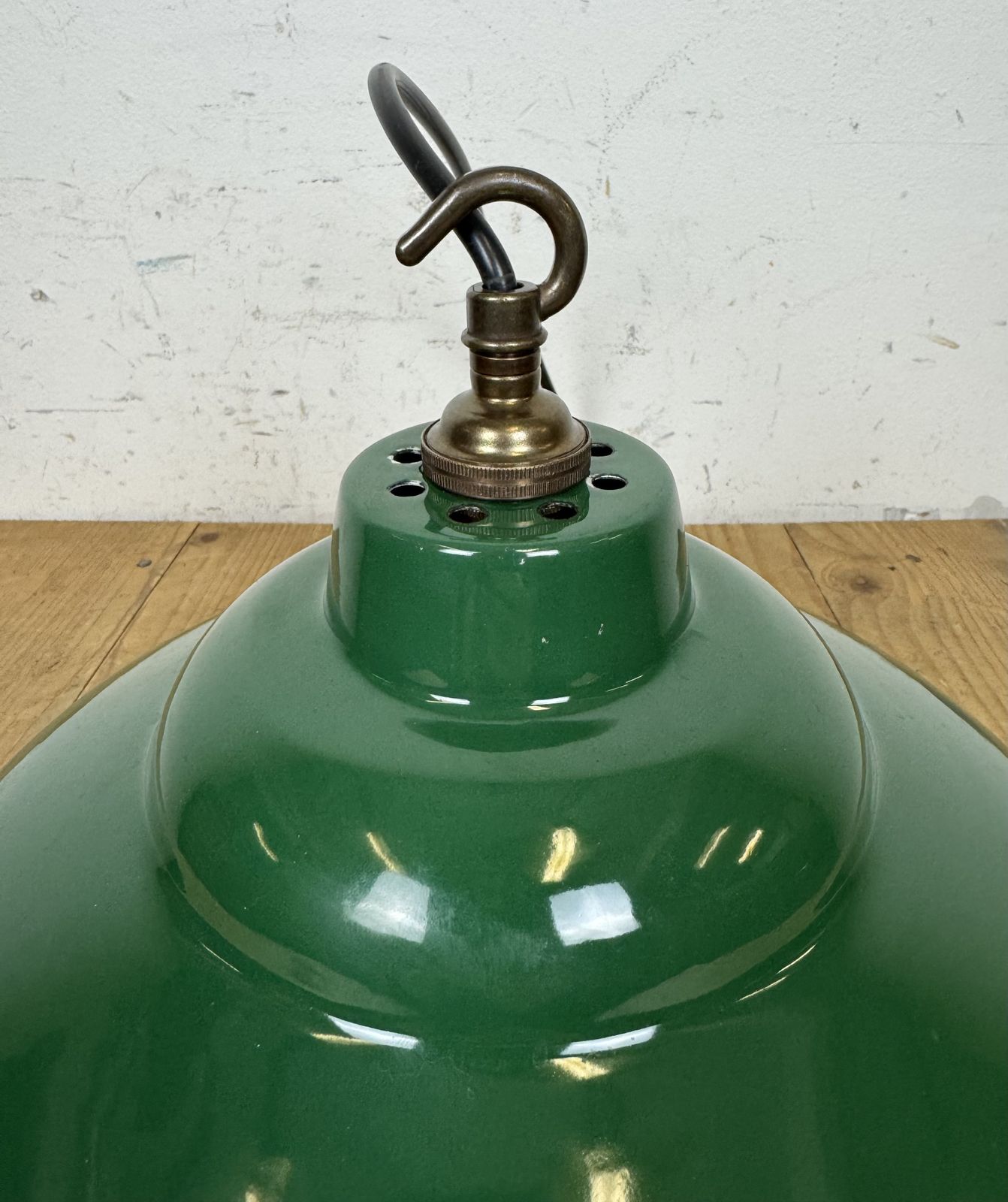 photo buy Industrial British Green Enamel Factory Pendant Lamp, 1960s