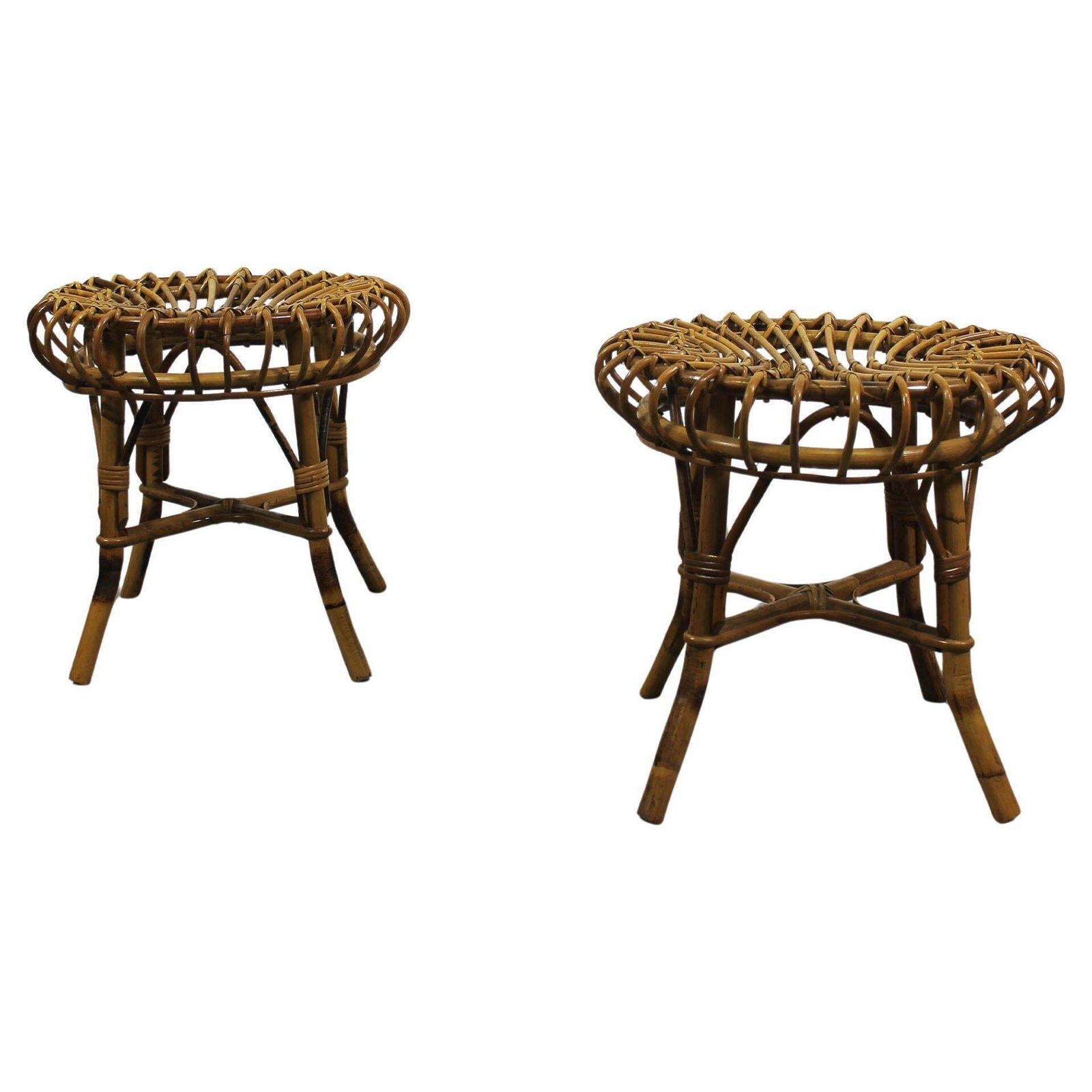 Franco Albini Set Of Two Stools In Rattan And Bamboo Italian Manufacture 1960s