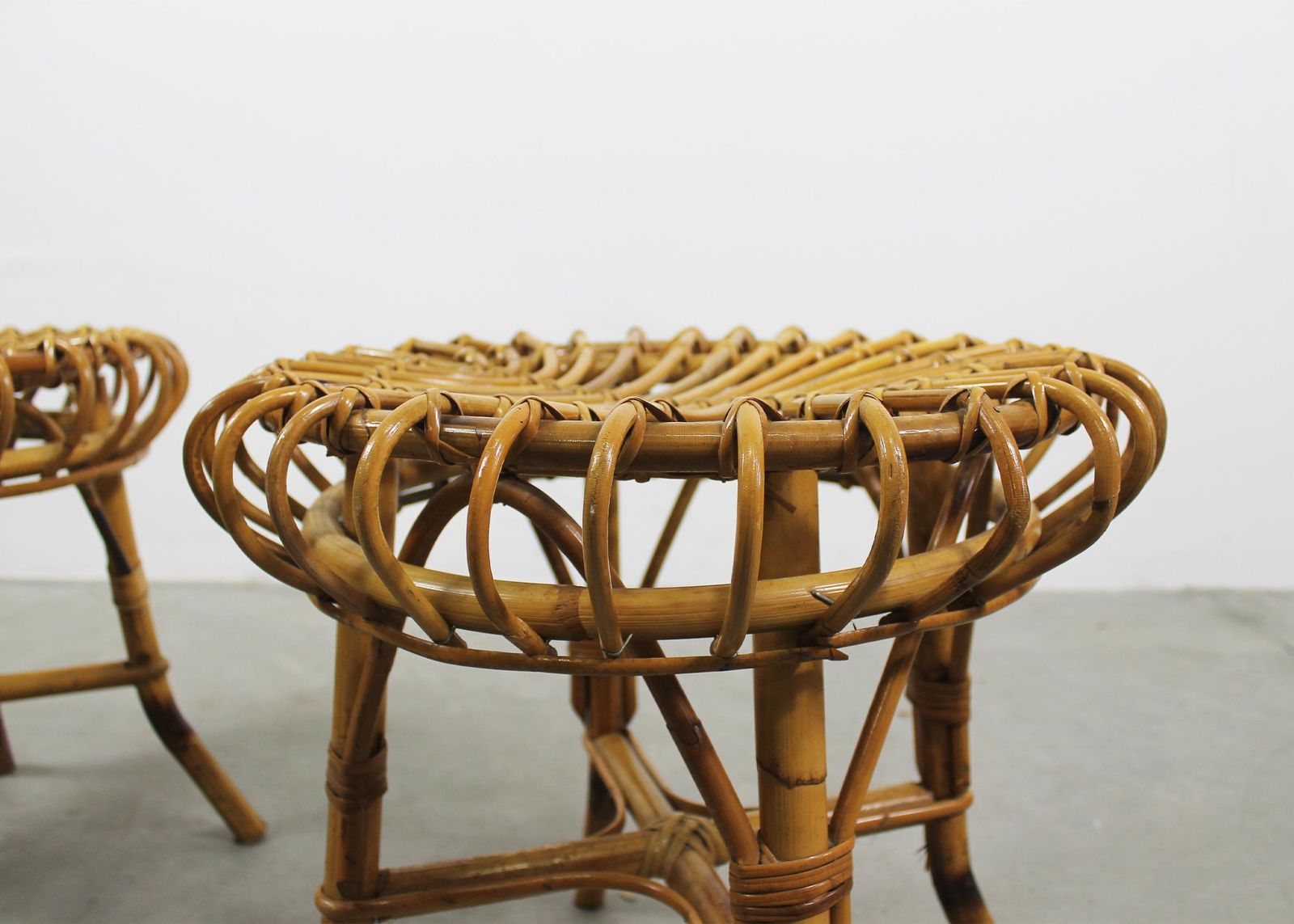 Franco Albini Set Of Two Stools In Rattan And Bamboo Italian Manufacture 1960s photo vinterior
