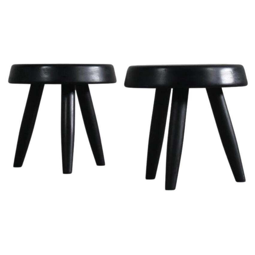 Charlotte Perriand Set Of Two Black Stools In Wood 1950s