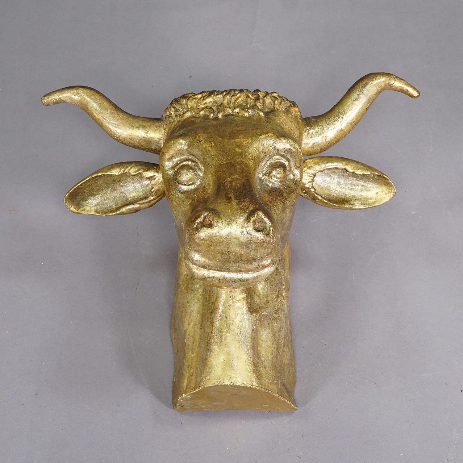 Antique Wooden Carved Gilded Bull's Head Ca. 1840s photo for sale