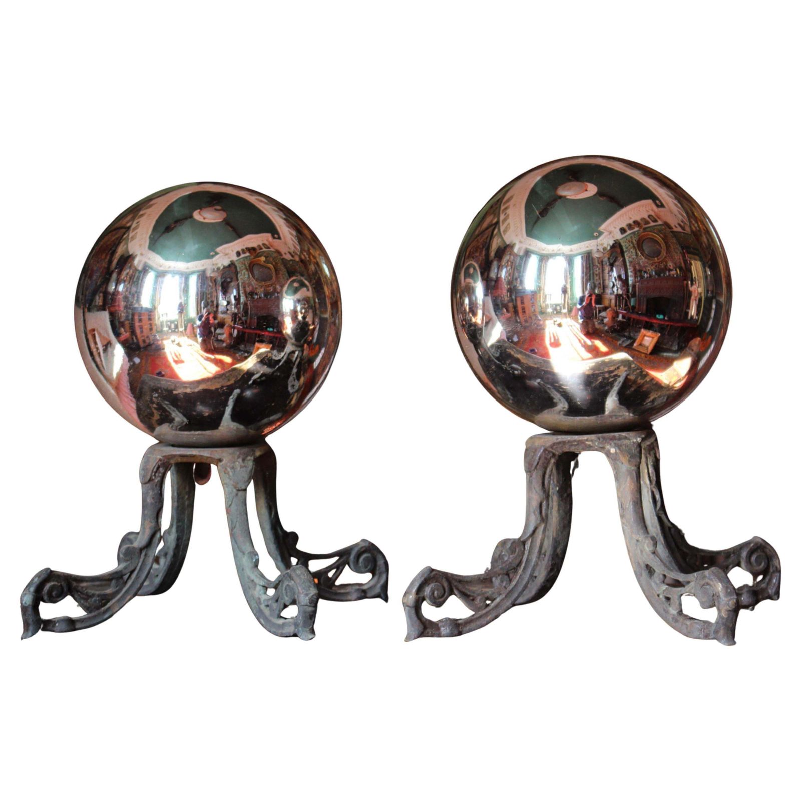 Early 20th Century Pair Of Mirror Witches Balls On Bronze Stands